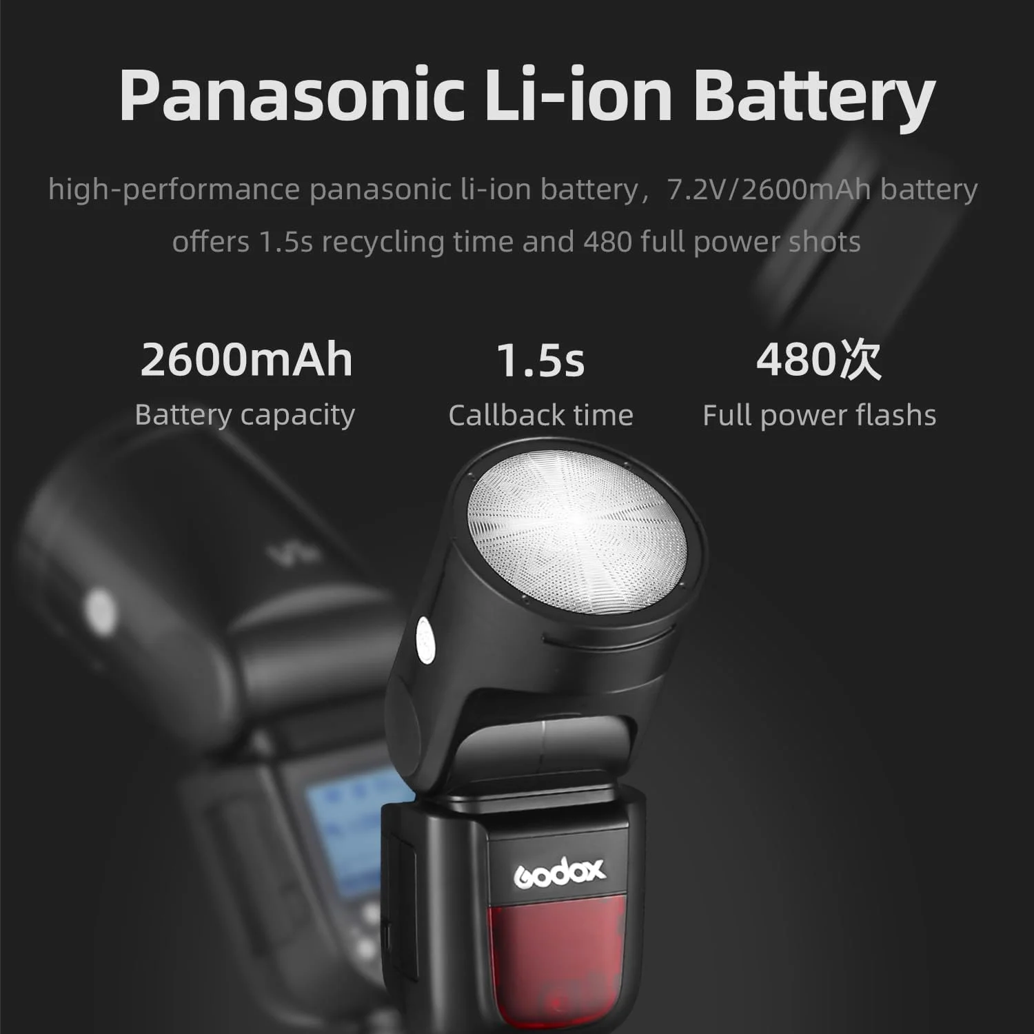 فلاش گودکس V1-C، زمان بازیافت 1.5 ثانیه، HSS 1/8000، 480 شات با قدرت کامل، باتری لیتیومی 2600mAh قابل تعویض برای دوربین کانن