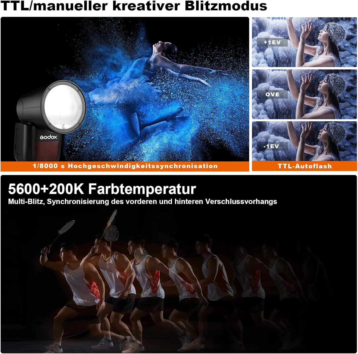 فلاش دوربین گرد GODOX V1-C برای Canon Speedlite TTL، سیستم بی سیم 2.4G، همگام سازی با سرعت بالا 1/8000 ثانیه، باتری لیتیومی 2600 میلی آمپر ساعت، با لوازم جانبی AK-R1 AK-R22