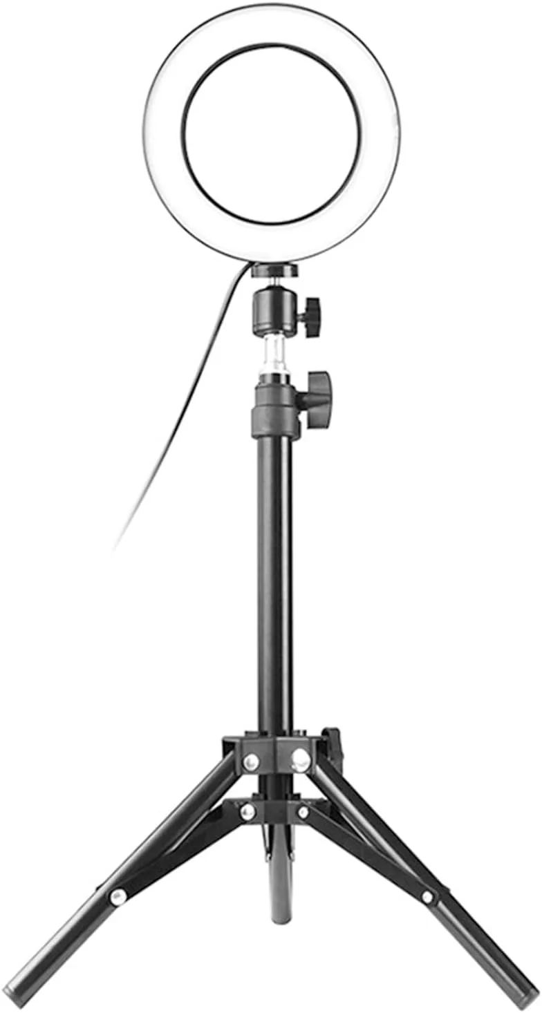چراغ سلفی LED گرد DC5V 5W 64 با سه پایه تلسکوپی قطر 160 میلی متر، تغذیه از طریق USB، روشنایی قابل تنظیم 10 سطح، تغییر دمای رنگ، چرخش 360 درجه