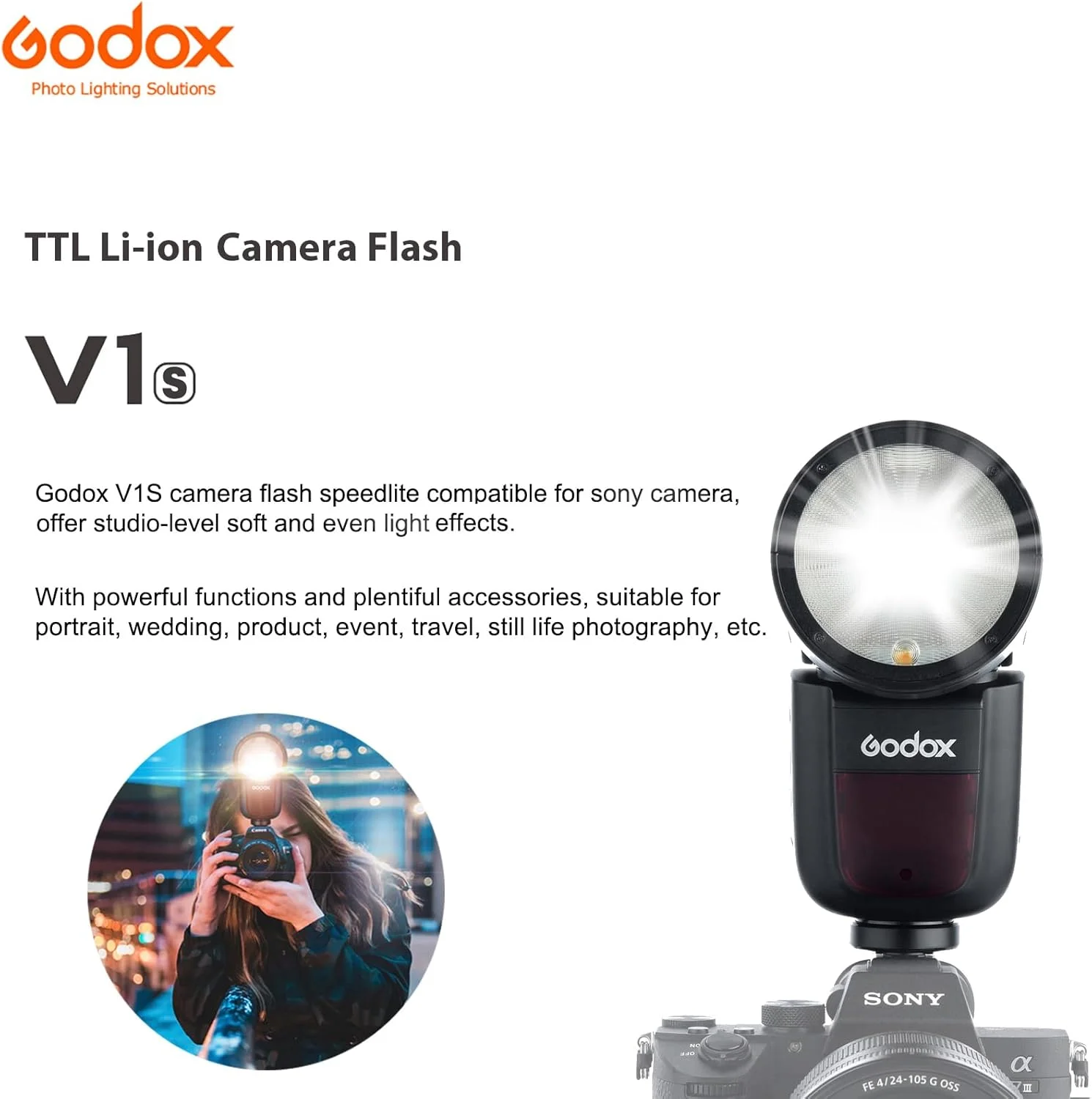 فلاش دوربین گرد Godox V1-S 76Ws 2.4G TTL سازگار با دوربین سونی، 1/8000 HSS، 480 شات با قدرت کامل، زمان بازیافت 1.5 ثانیه، باتری لیتیوم یونی 2600mAh قابل شارژ فلاش دوربین گرد Godox V1-S 76Ws 2.4G TTL سازگار با دوربین سونی، 1/8000 HSS، 480 شات با قدرت کامل، زمان بازیافت 1.5 ثانیه، باتری لیتیوم یونی 2600mAh قابل شارژ
