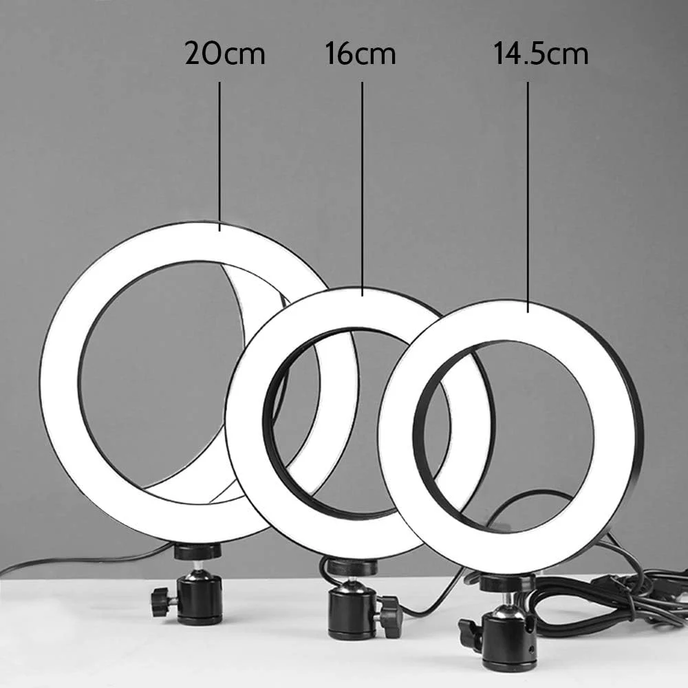 چراغ سلفی LED گرد DC5V 5W 64 با سه پایه تلسکوپی قطر 160 میلی متر، تغذیه از طریق USB، روشنایی قابل تنظیم 10 سطح، تغییر دمای رنگ، چرخش 360 درجه