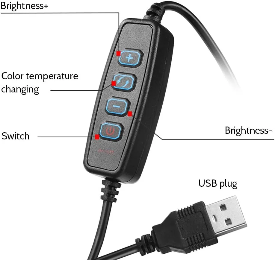 چراغ سلفی LED گرد DC5V 5W 64 با سه پایه تلسکوپی قطر 160 میلی متر، تغذیه از طریق USB، روشنایی قابل تنظیم 10 سطح، تغییر دمای رنگ، چرخش 360 درجه
