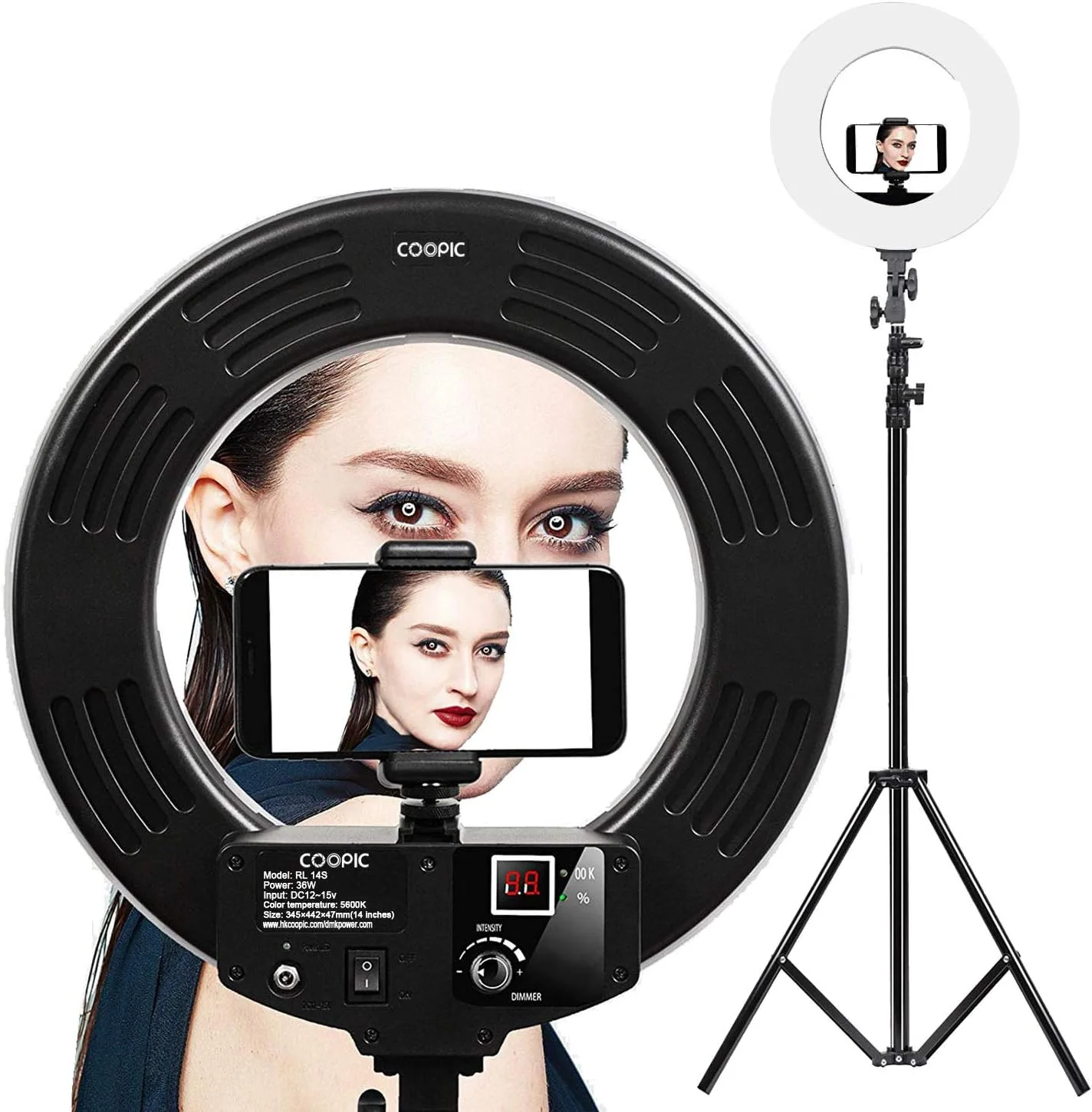 نور حلقه ای تک رنگ RL-14S با قابلیت تنظیم نور 5600K (14 اینچ/36 سانتی متر قطر خارجی، 36 وات، 1024 عدد LED SMD) مشکی