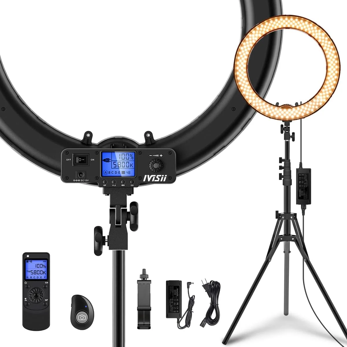 نور حلقه ای 19 اینچی IVISII LED با صفحه نمایش LCD و دمای رنگ قابل تنظیم 3000K-5800K به همراه پایه، مناسب برای آرایش، فیلمبرداری، ولاگ و سلفی