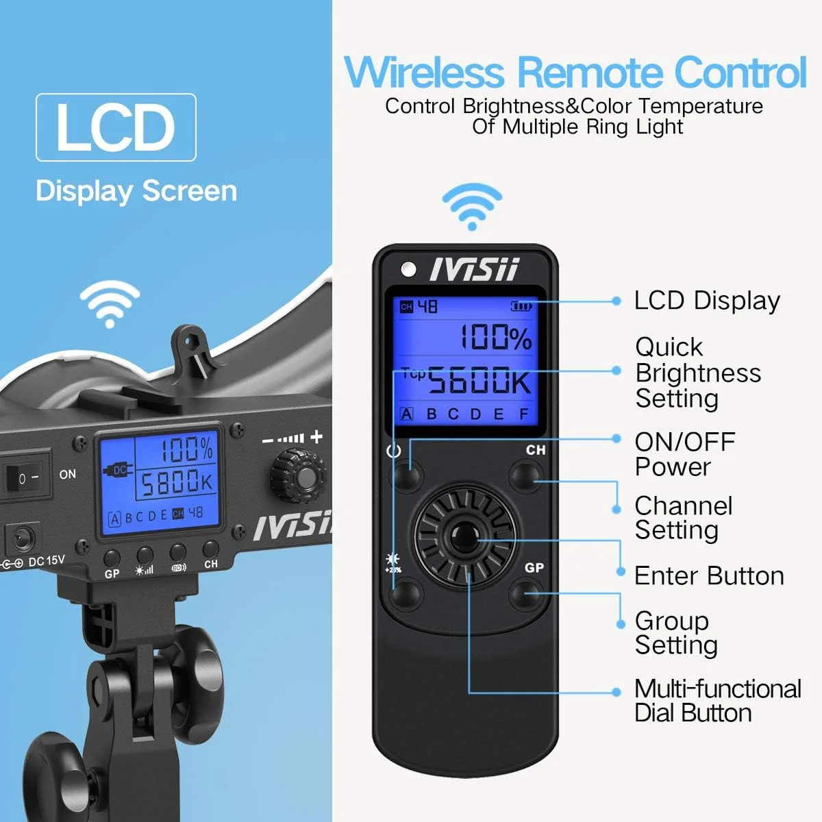 نور حلقه ای 19 اینچی IVISII LED با صفحه نمایش LCD و دمای رنگ قابل تنظیم 3000K-5800K به همراه پایه، مناسب برای آرایش، فیلمبرداری، ولاگ و سلفی