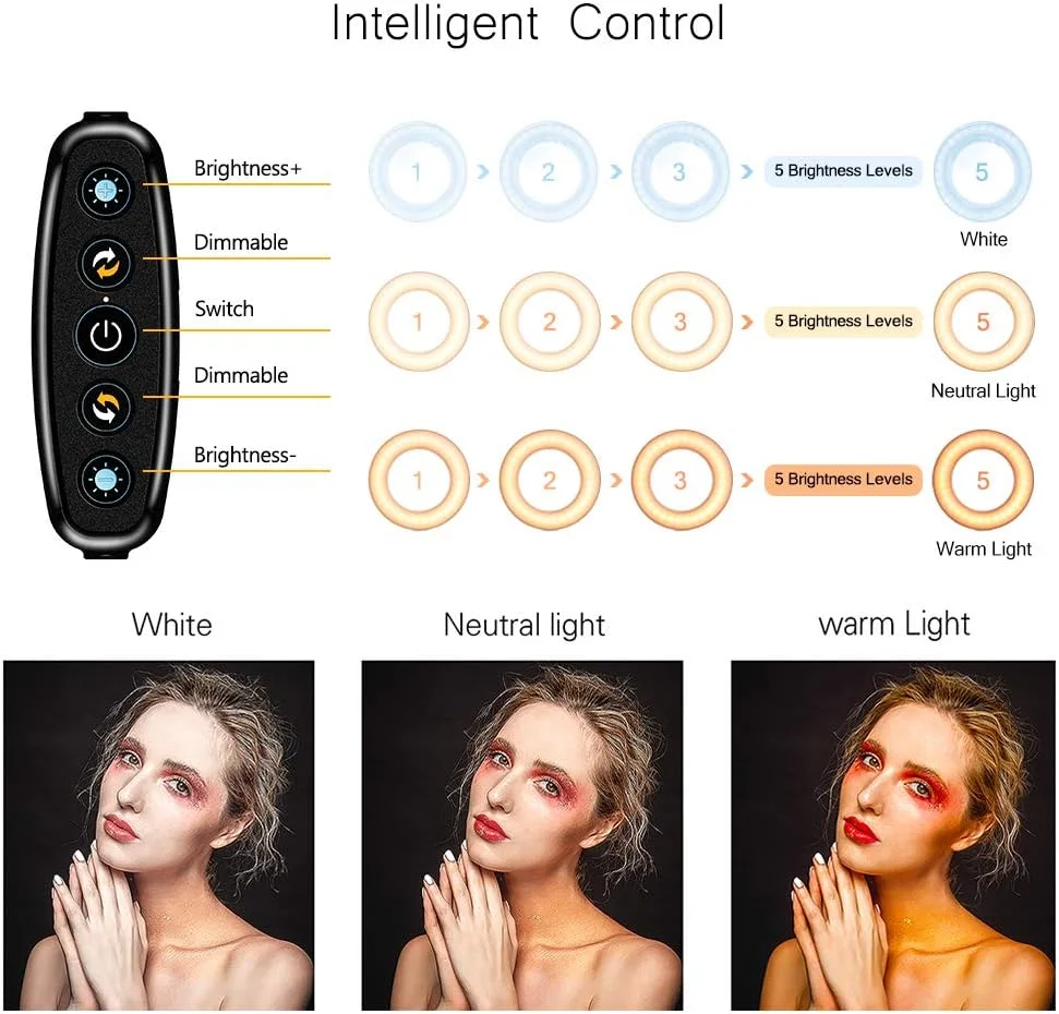 کیت نور حلقه ای LED دیمرپذیر FREESOO با قطر 6 اینچ به همراه پایه نور 39 اینچی و نور حلقه ای رومیزی کوچک با 3 حالت رنگ و 5 سطح روشنایی