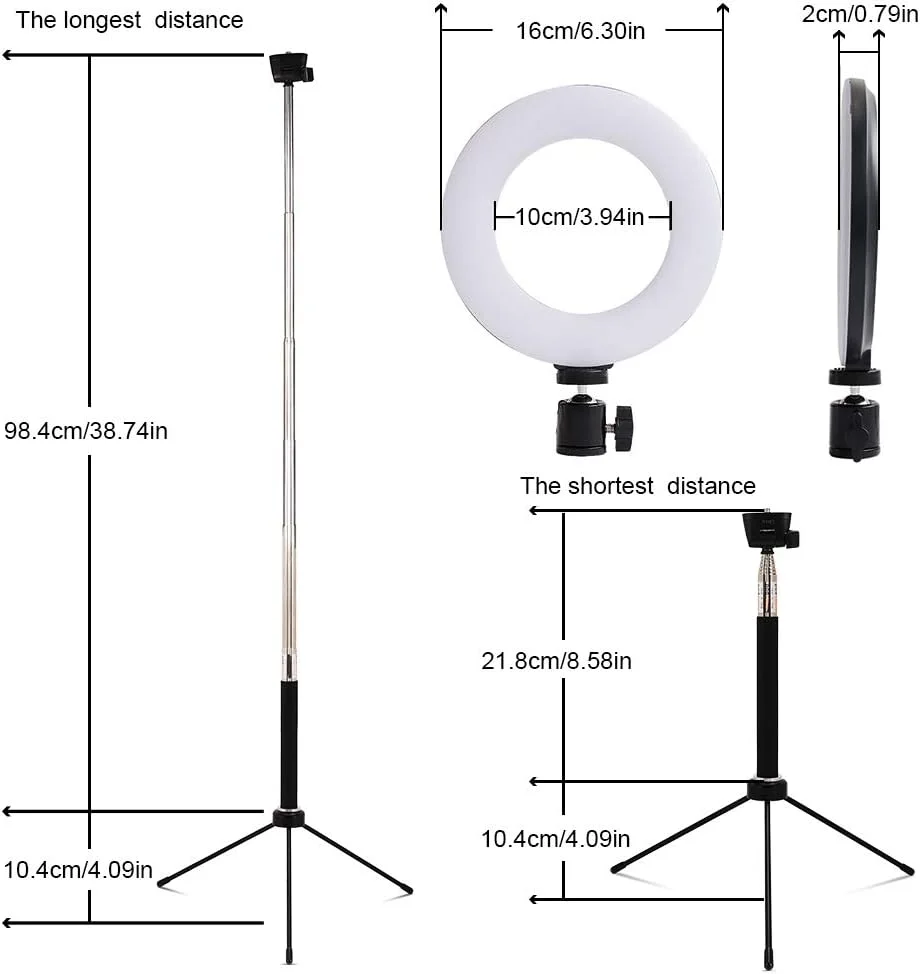 کیت نور حلقه ای LED دیمرپذیر FREESOO با قطر 6 اینچ به همراه پایه نور 39 اینچی و نور حلقه ای رومیزی کوچک با 3 حالت رنگ و 5 سطح روشنایی