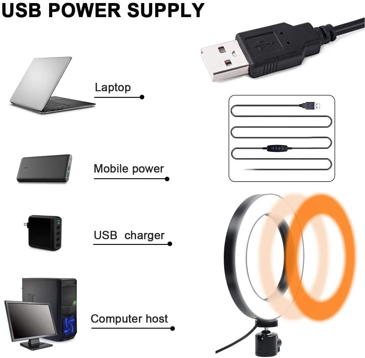 چراغ کارگاهی AceTaken، چراغ حلقه ای رومیزی با بازوی گیره دار چرخشی، چراغ حلقه ای USB 6 اینچی برای مطالعه، کاردستی، آرایش، یوتیوب، پخش زنده، تحصیل، نقشه کشی معماری -