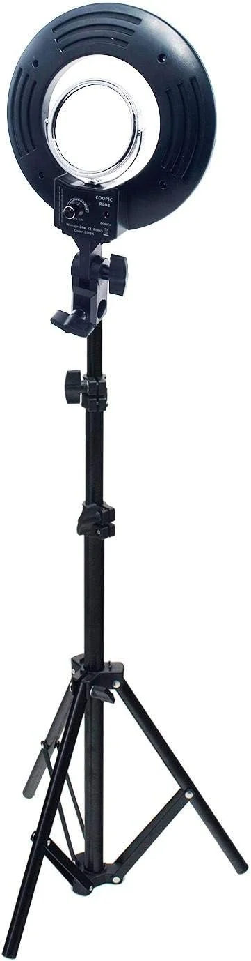 نور حلقه ای LED مدل COOPIC RL-08 با قطر 20 سانتیمتر، توان 24 وات و 120 عدد LED SMD با دمای رنگ 5500K به همراه پایه نور، مناسب برای عکاسی پرتره و فیلمبرداری در یوتیوب