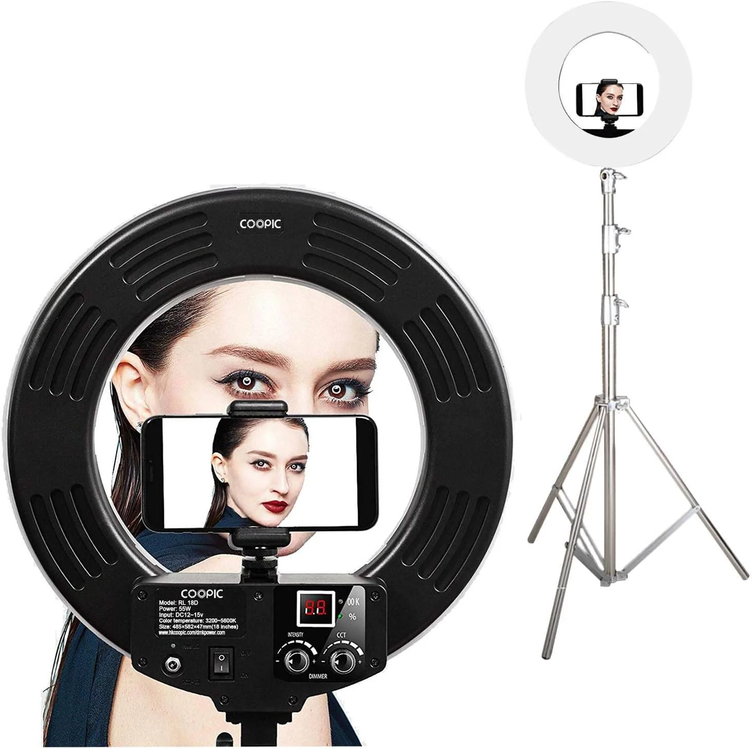 نور حلقه ای ویدئویی RL-18D دو رنگ 3200K-5600K با قابلیت تنظیم نور (18 اینچ/46 سانتی متر قطر خارجی، 55 وات، 2048 عدد LED) به همراه پایه نور استیل ضد زنگ L280M نور حلقه ای ویدئویی RL-18D دو رنگ 3200K-5600K با قابلیت تنظیم نور (18 اینچ/46 سانتی متر قطر خارجی، 55 وات، 2048 عدد LED) به همراه پایه نور استیل ضد زنگ L280M