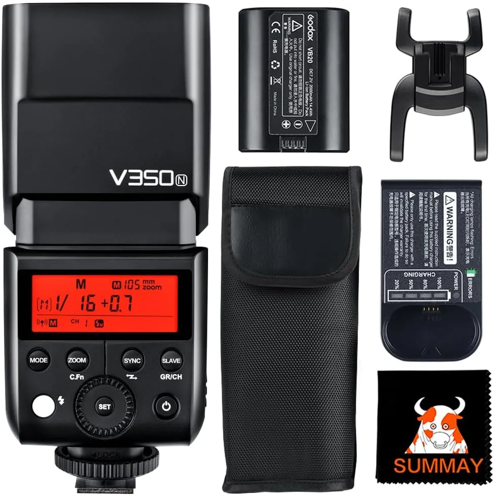 فلاش دوربین GODOX V350N TTL با سرعت همگام‌سازی بالا 1/8000 ثانیه به همراه باتری قابل شارژ با قابلیت 500 بار فلاش با قدرت کامل برای Nikon D500 D3100 D3200 D3300 D3400 D5300 D5600 D7100 D7200 D7500 (V350-N)