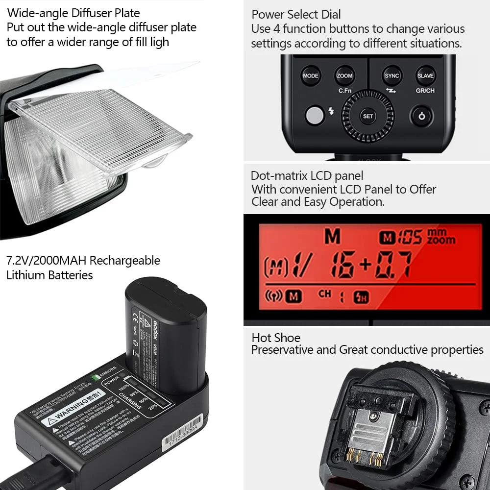 فلاش دوربین TTL مدل GODOX V350S 2.4G 1/8000s HSS با باتری قابل شارژ لیتیوم-یون برای دوربین های سونی A7RIII A7RII A7R A77II A7III RX10 A9 A58 A99 A6500 ILCE6000L (V350-S)