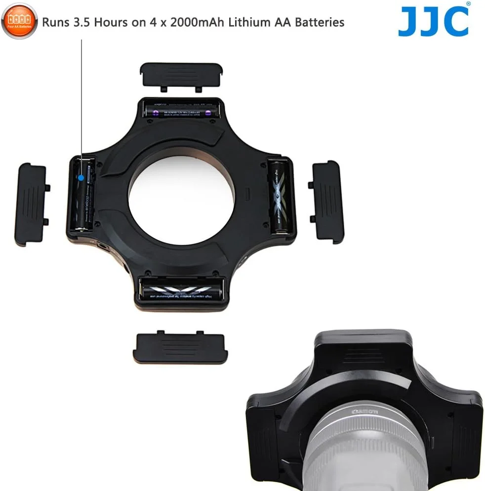نور حلقوی ماکرو ال ای دی JJC با 60 ال ای دی و قابلیت تنظیم نور، مناسب برای دوربین های DSLR و بدون آینه با لنز تا 67 میلی متر (کیت با حلقه آداپتور نگهدارنده لنز از 49 میلی متر تا 67 میلی متر)