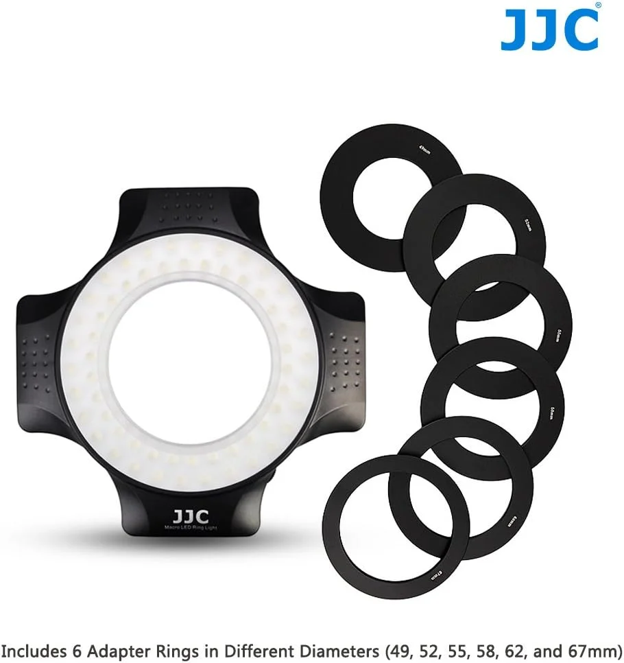 نور حلقوی ماکرو ال ای دی JJC با 60 ال ای دی و قابلیت تنظیم نور، مناسب برای دوربین های DSLR و بدون آینه با لنز تا 67 میلی متر (کیت با حلقه آداپتور نگهدارنده لنز از 49 میلی متر تا 67 میلی متر)