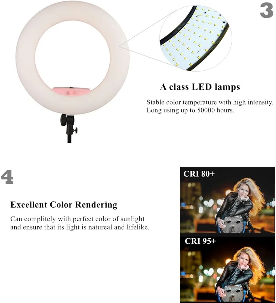 کیت نور حلقه ای LED 18 اینچی دو رنگ با قابلیت تنظیم نور، مناسب برای استودیو عکس، فیلمبرداری پرتره، سلفی، یوتیوب، مجموعه نورپردازی عکاسی با نگهدارنده تلفن/دوربین، آینه آرایش، پایه و کیف مسافرتی صورتی کیت نور حلقه ای LED 18 اینچی دو رنگ با قابلیت تنظیم نور، مناسب برای استودیو عکس، فیلمبرداری پرتره، سلفی، یوتیوب، مجموعه نورپردازی عکاسی با نگهدارنده تلفن/دوربین، آینه آرایش، پایه و کیف مسافرتی صورتی