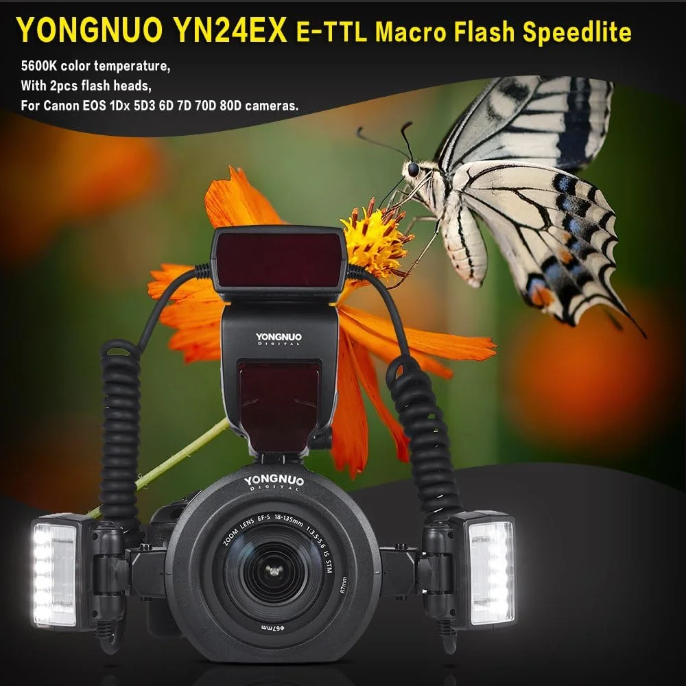 فلاش ماکرو YONGNUO YN24EX E-TTL 5600K + 2 عدد هد فلاش + 4 عدد حلقه آداپتور برای دوربین های Canon EOS 6D 1Dx 5D3 7D 70D 80D فلاش ماکرو YONGNUO YN24EX E-TTL 5600K + 2 عدد هد فلاش + 4 عدد حلقه آداپتور برای دوربین های Canon EOS 6D 1Dx 5D3 7D 70D 80D