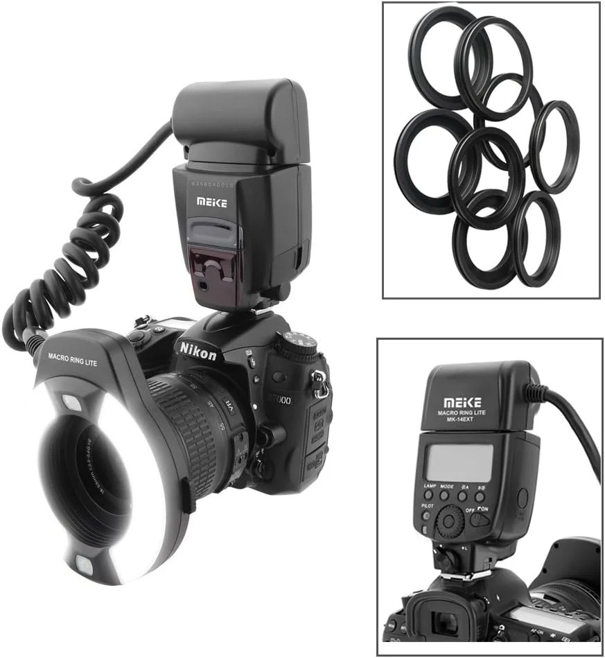 فلاش حلقه ای ماکرو LED مدل Meike iTTL TTL برای دوربین های نیکون d3400 d5600 d5300 d3300 d3200 d3100 d5500 d5200 d5100 d7100 d750 d850 d7200 d500 d810 d7500 d5600 d5500 d7000 d3300 DSLR با پایه Hot Shoe