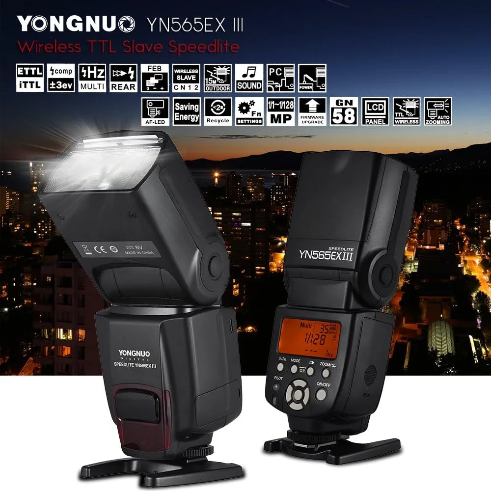 فلاش اسپیدلایت بی‌سیم TTL اسلیو YONGNUO YN565EX III با عدد راهنمای GN58، سیستم بازیافت پرسرعت، پشتیبانی از ارتقاء فریمور USB برای دوربین DSLR کانن