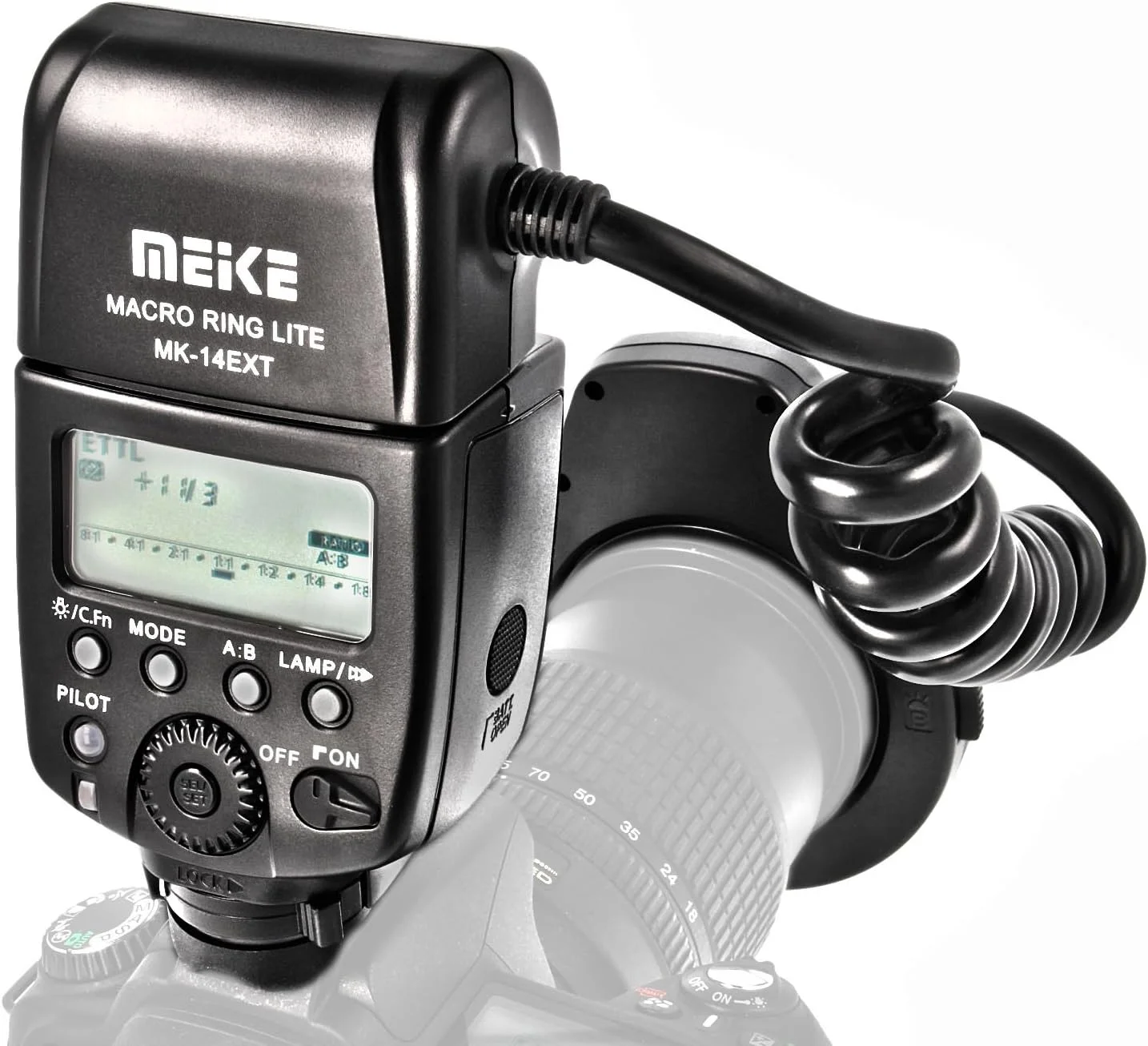 فلاش حلقوی ماکرو Meike TTL (عدد راهنما 14-46) سازگار با تمام دوربین های DSLR کانن با هات شو (برای لنزهای 52 میلی متر - 77 میلی متر) - MK-14EXT