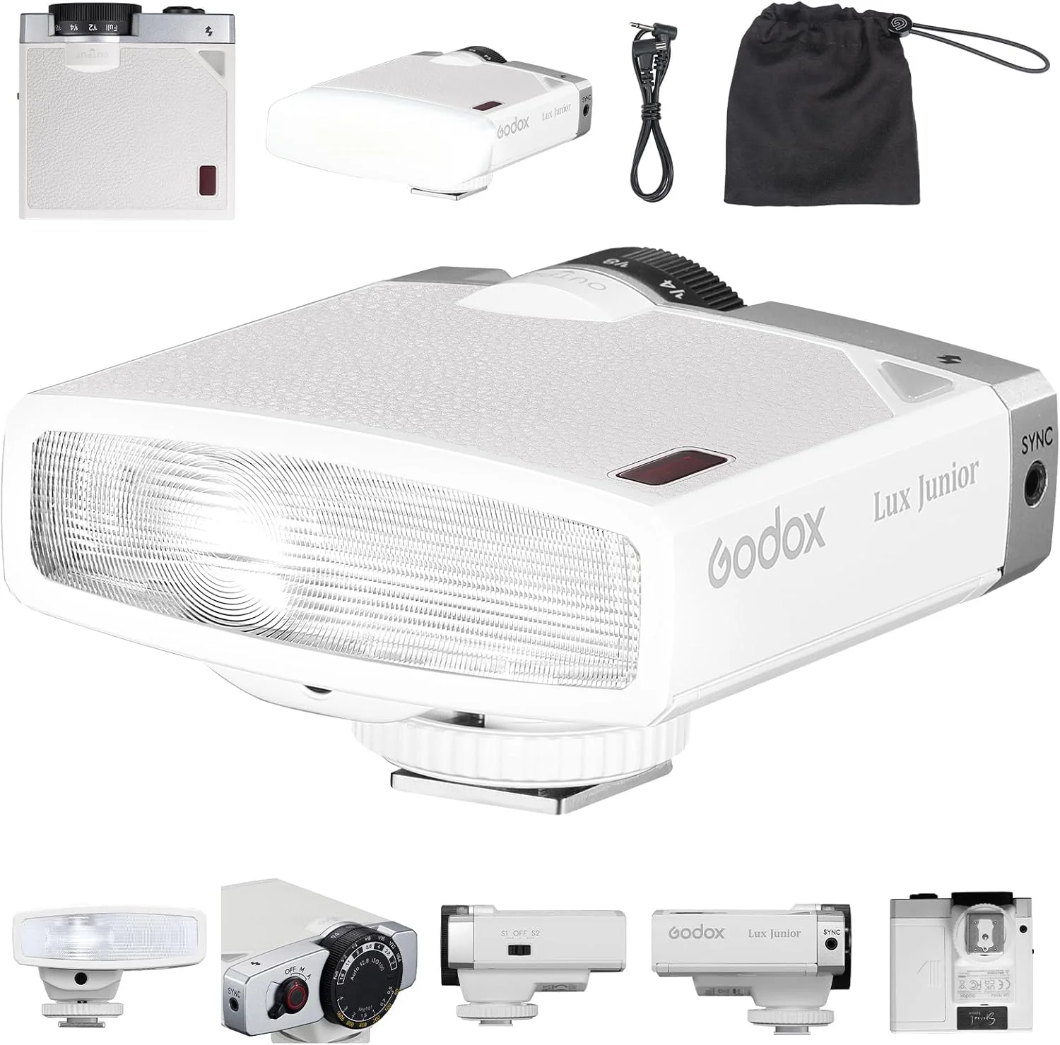 فلاش دوربین رترو گودکس Lux Junior همراه با دیفیوزر، Speedlite GN12 6000K±200K CCT، حالت های خودکار و دستی 1/1-1/64 قدرت فلاش، فاصله کانونی 28 میلی متر برای دوربین های کانن نیکون سونی فوجی المپوس - سفید