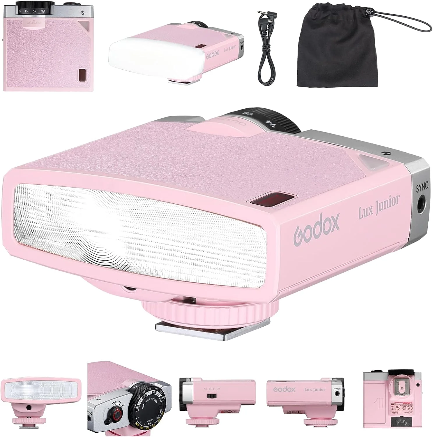 فلاش دوربین رترو گودکس Lux Junior با دیفیوزر، Speedlite GN12 6000K±200K CCT، حالت های خودکار و دستی 1/1-1/64 قدرت فلاش، فاصله کانونی 28 میلی متر برای دوربین های کانن نیکون سونی فوجی المپوس - صورتی