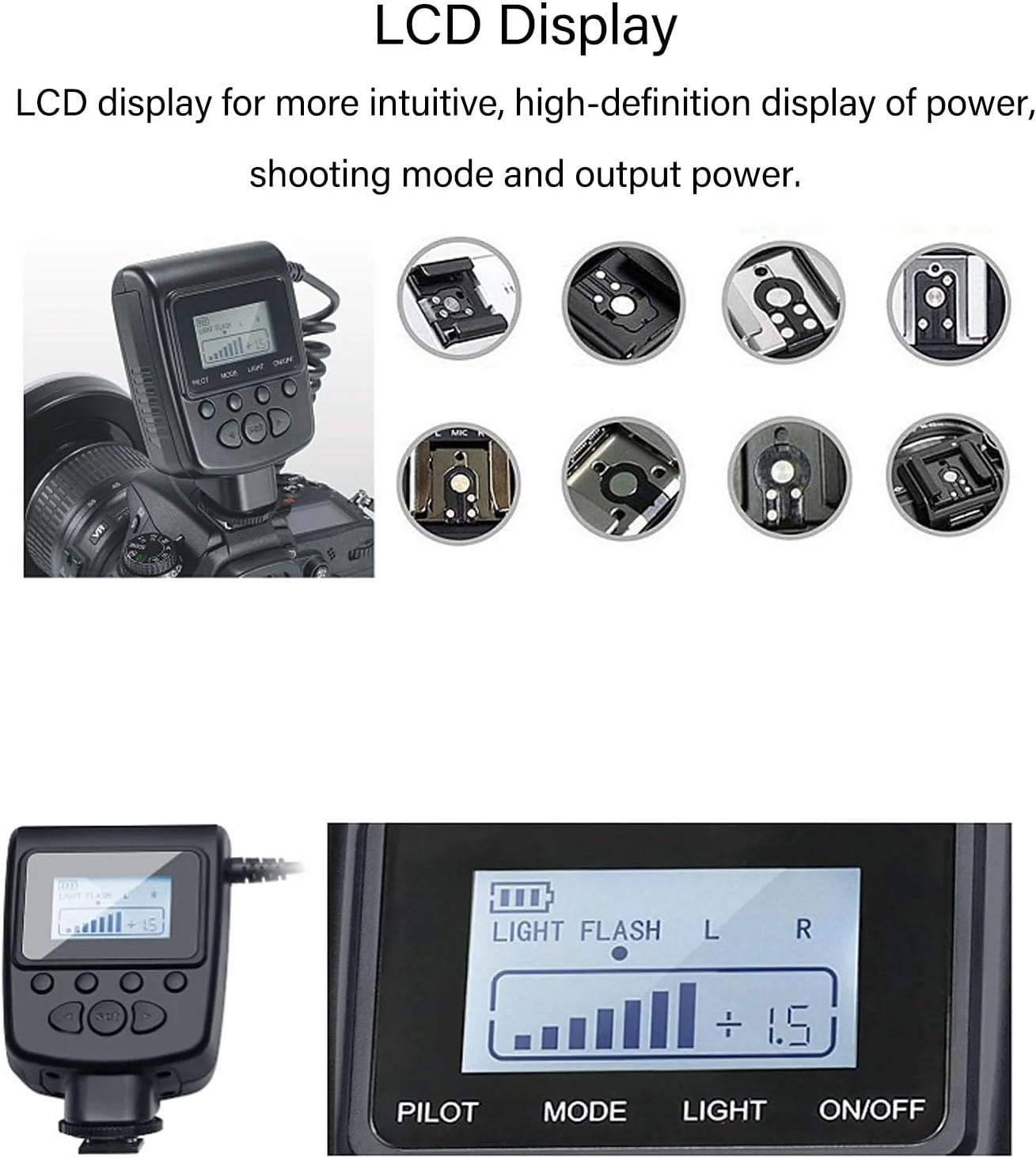 فلاش ماکرو LED با صفحه نمایش LCD، کنترل قدرت، حلقه های آداپتور، دیفیوزر فلاش برای دوربین های DSLR فلاش ماکرو LED با صفحه نمایش LCD، کنترل قدرت، حلقه های آداپتور، دیفیوزر فلاش برای دوربین های DSLR