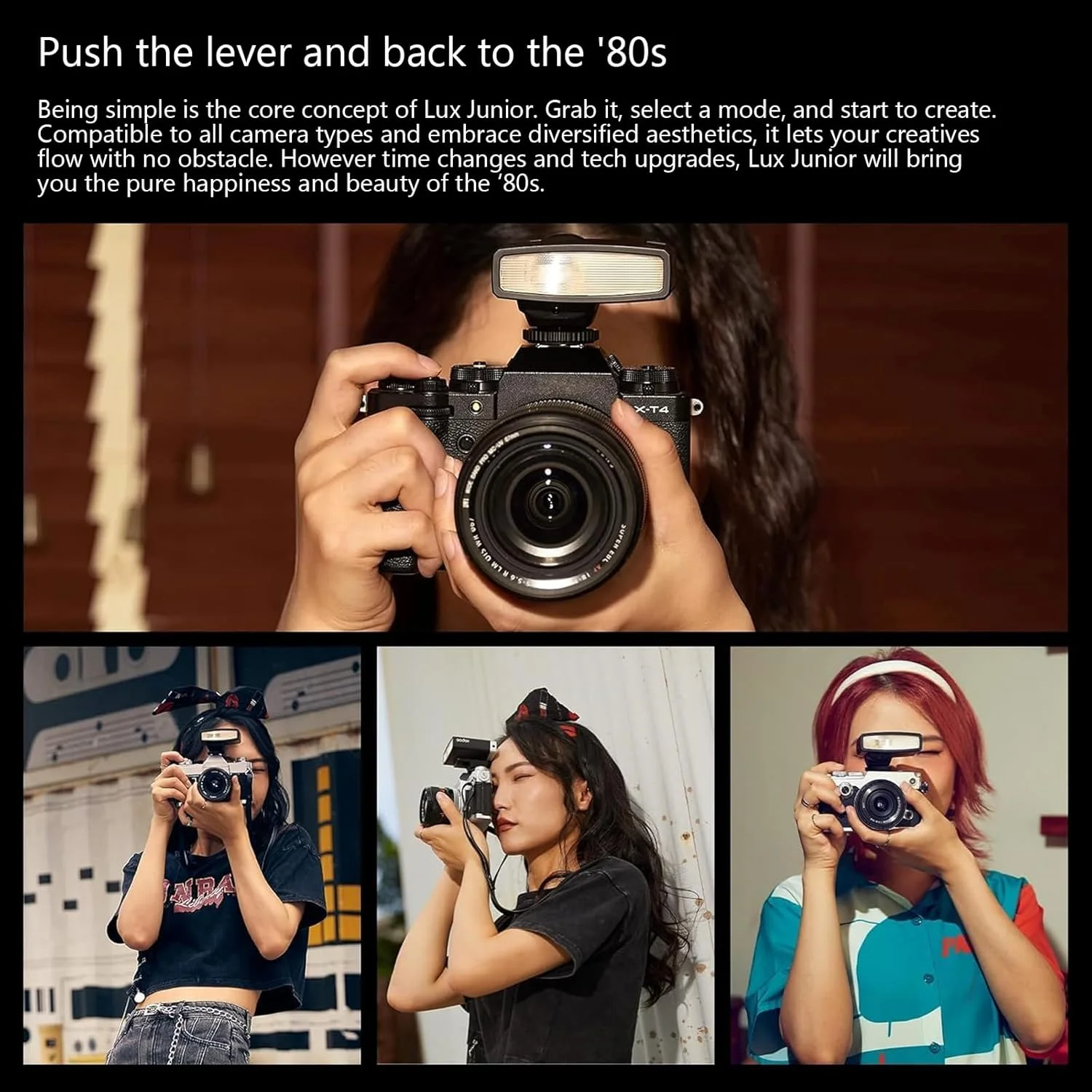 فلاش دوربین رترو گودکس Lux Junior همراه با دیفیوزر، Speedlite GN12 6000K±200K CCT، حالت های خودکار و دستی 1/1-1/64 قدرت فلاش، فاصله کانونی 28 میلی متر برای دوربین های کانن نیکون سونی فوجی المپوس - سفید