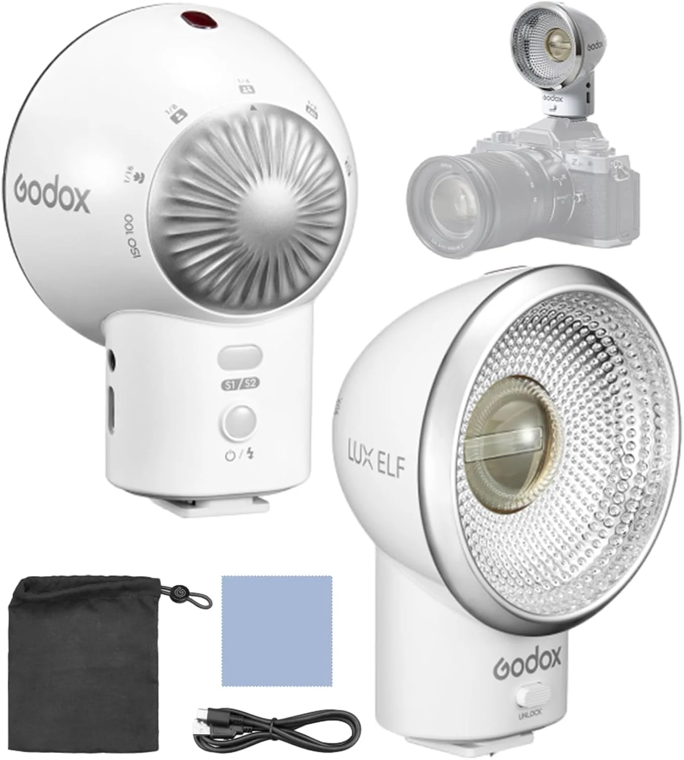 فلاش دوربین رترو گودکس LUX ELF GN6 با ۵ سطح قدرت، ۴۰۰ بار فلاش با قدرت کامل، باتری داخلی و اتصال تکی سازگار با دوربین های کانن، سونی و نیکون