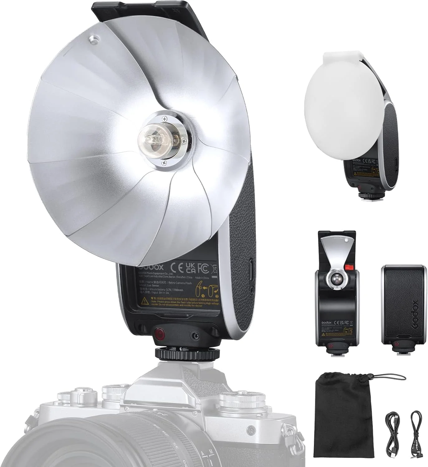 کیت فلاش دوربین رترو Godox Lux Senior با دیفیوزر، GN14 1700mAh 6000K±200K CCT، حالت های خودکار و دستی 1/1-1/64 قدرت فلاش، فاصله کانونی 28 میلی متر تاشو برای دوربین های Canon Sony Nikon Fuji Olympus