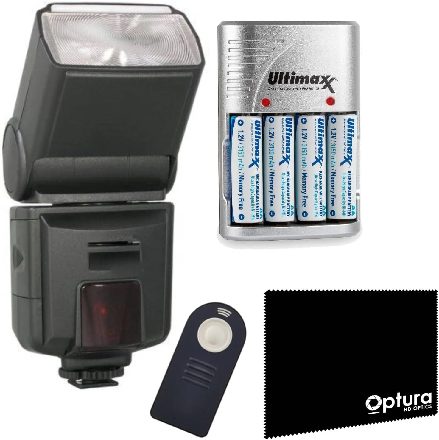 فلاش AF با فوکوس خودکار TTL برای دوربین‌های پاناسونیک LUMIX L1, L10, FZ30, FZ50 DSLR و مدل‌های مشابه + ریموت شاتر بی‌سیم + شارژر سریع 4 پورت با 4 عدد باتری AA 1.2V 3150mAh و دستمال میکروفایبر OPTURA