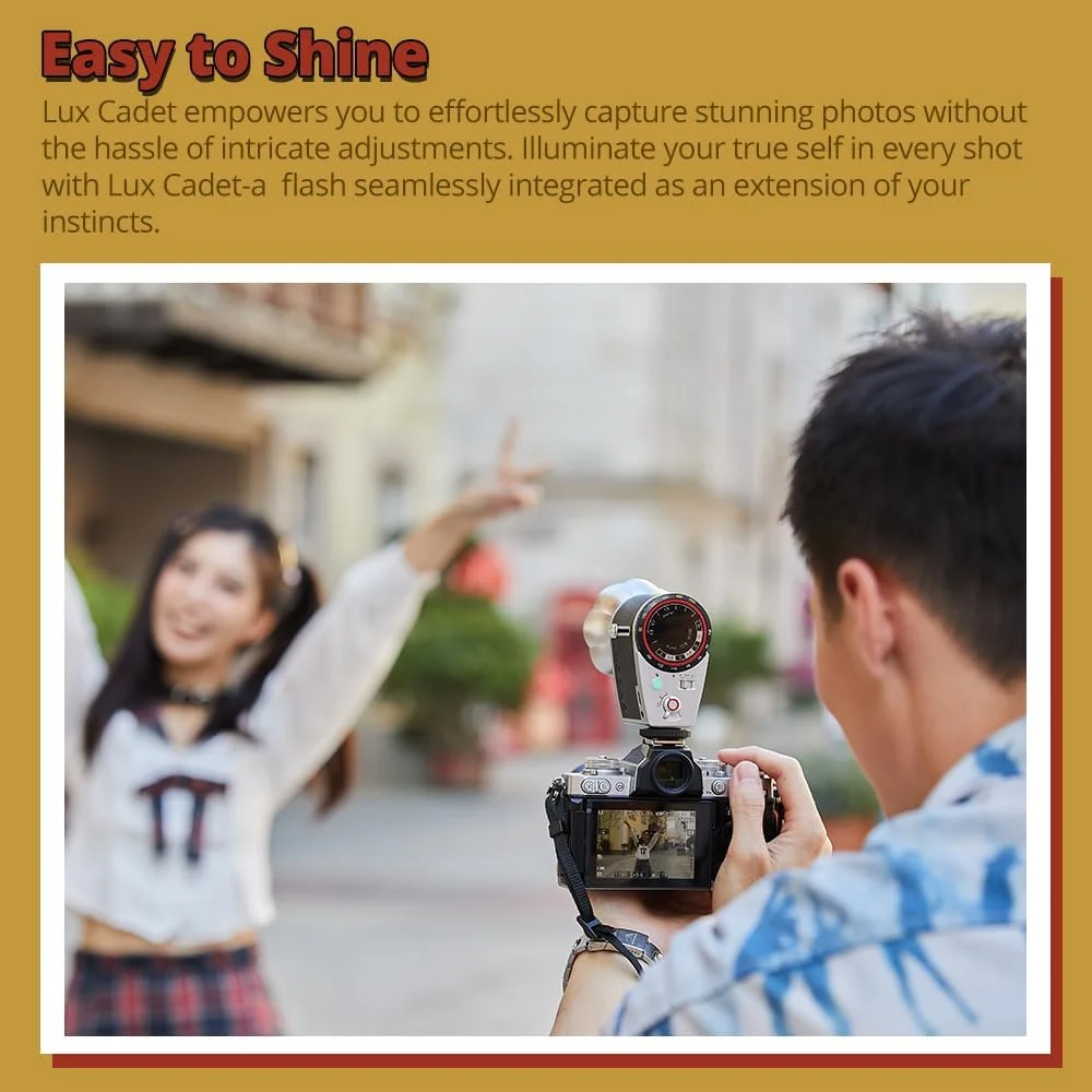 فلاش دوربین رترو Godox Lux Cadet به همراه کابل شارژ USB-C و کیف نگهداری. GN10 با 7 سطح خروجی، 620 فلاش با قدرت کامل، CCT 6200K، کنترل نوری S1/S2 برای دوربین های فوجی، کانن، نیکون، سونی، المپوس