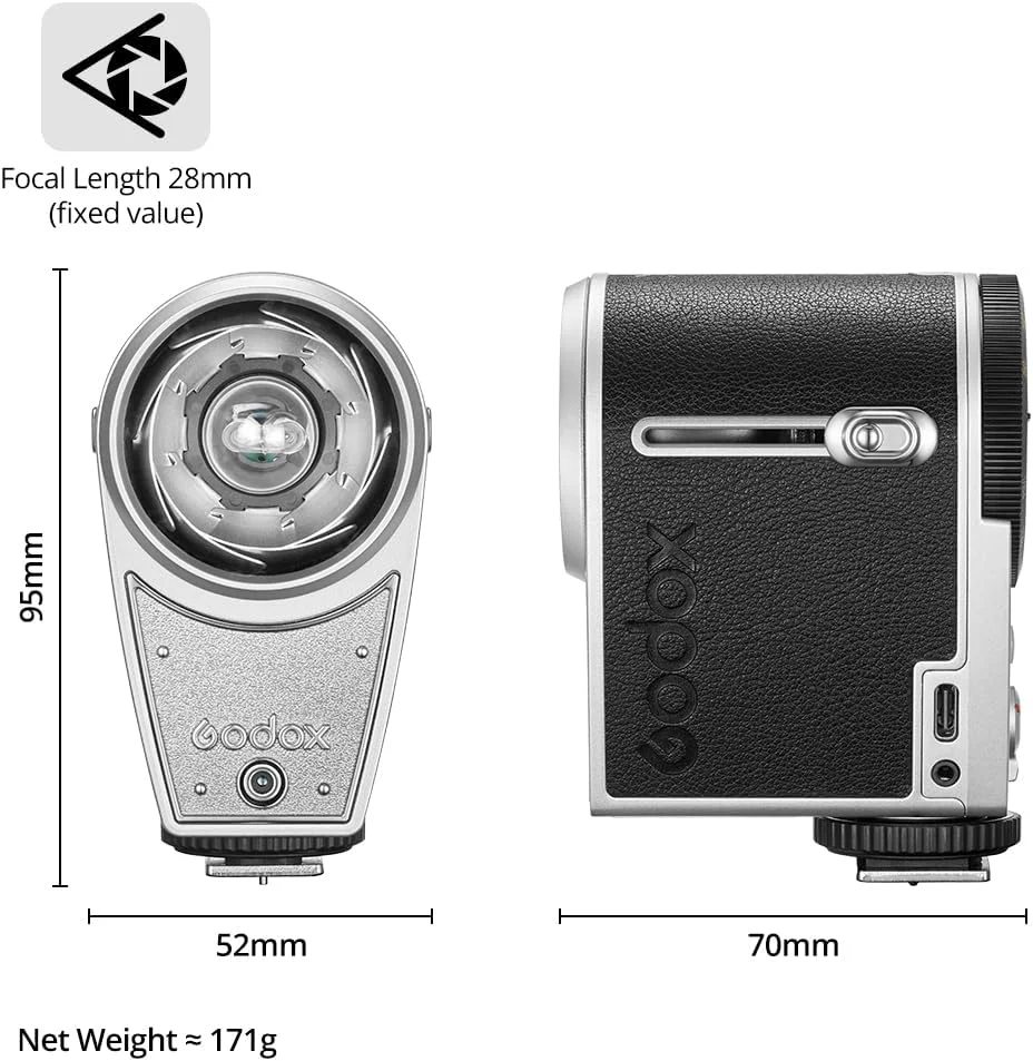 فلاش دوربین رترو Godox Lux Cadet به همراه کابل شارژ USB-C و کیف نگهداری. GN10 با 7 سطح خروجی، 620 فلاش با قدرت کامل، CCT 6200K، کنترل نوری S1/S2 برای دوربین های فوجی، کانن، نیکون، سونی، المپوس