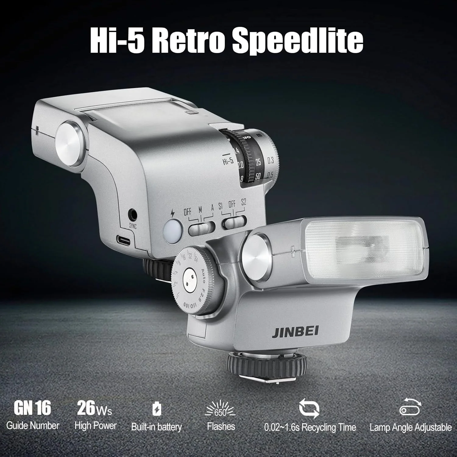 فلاش دوربین رترو JINBEI 25Ws Hi-5، GN16 Speedlite با حالت های حساس به نور S1/S2، CCT 6000K±200K، داخلی برای دوربین های سونی کانن نیکون فوجی المپوس Hot Shoe