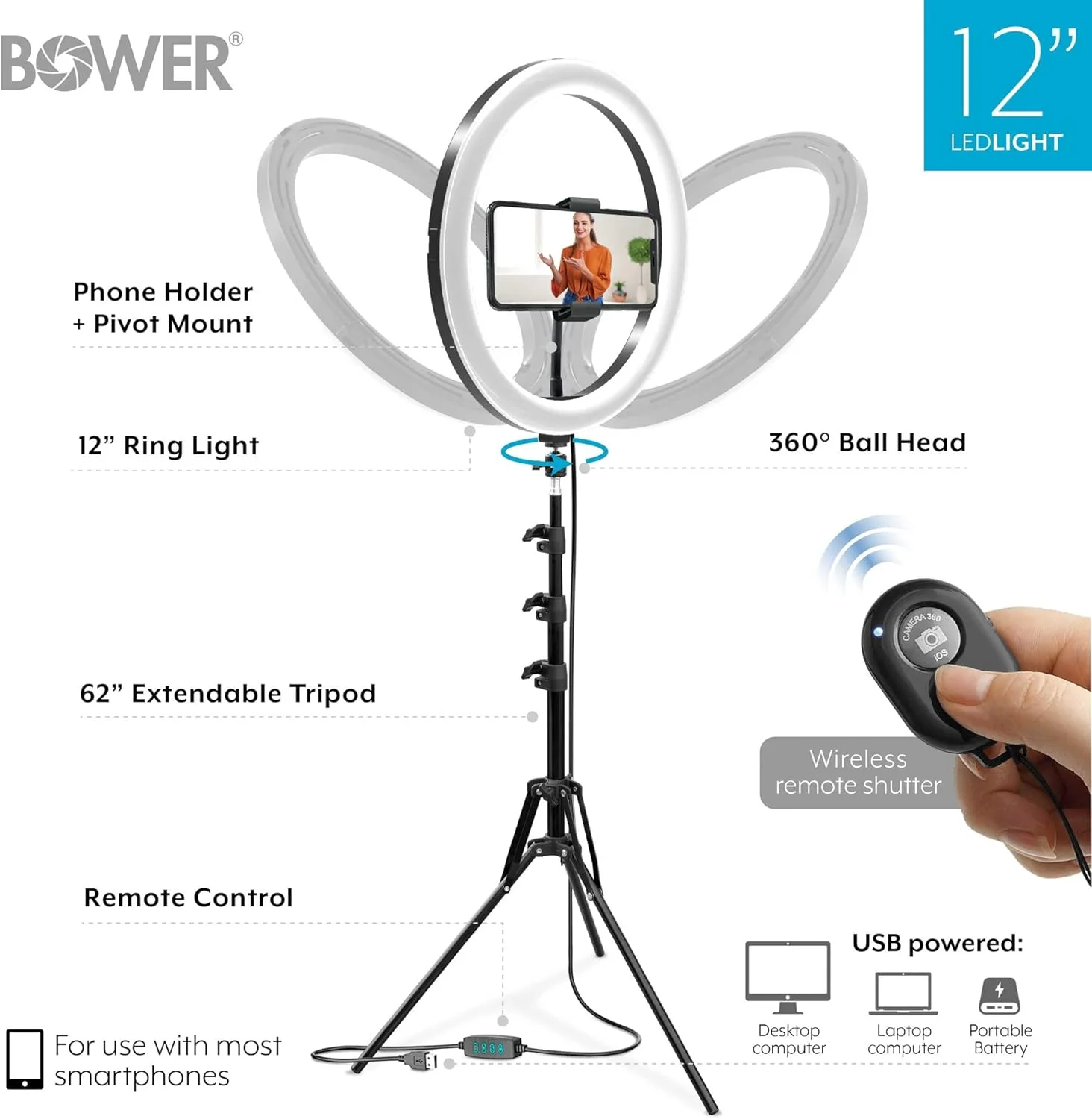 کیت نور استودیویی 12 اینچی Bower با پایه توپی، سه پایه قابل تنظیم 62 اینچی، 3 رنگ، 10 سطح روشنایی و کنترل از راه دور (WA-SL12) کیت نور استودیویی 12 اینچی Bower با پایه توپی، سه پایه قابل تنظیم 62 اینچی، 3 رنگ، 10 سطح روشنایی و کنترل از راه دور (WA-SL12)
