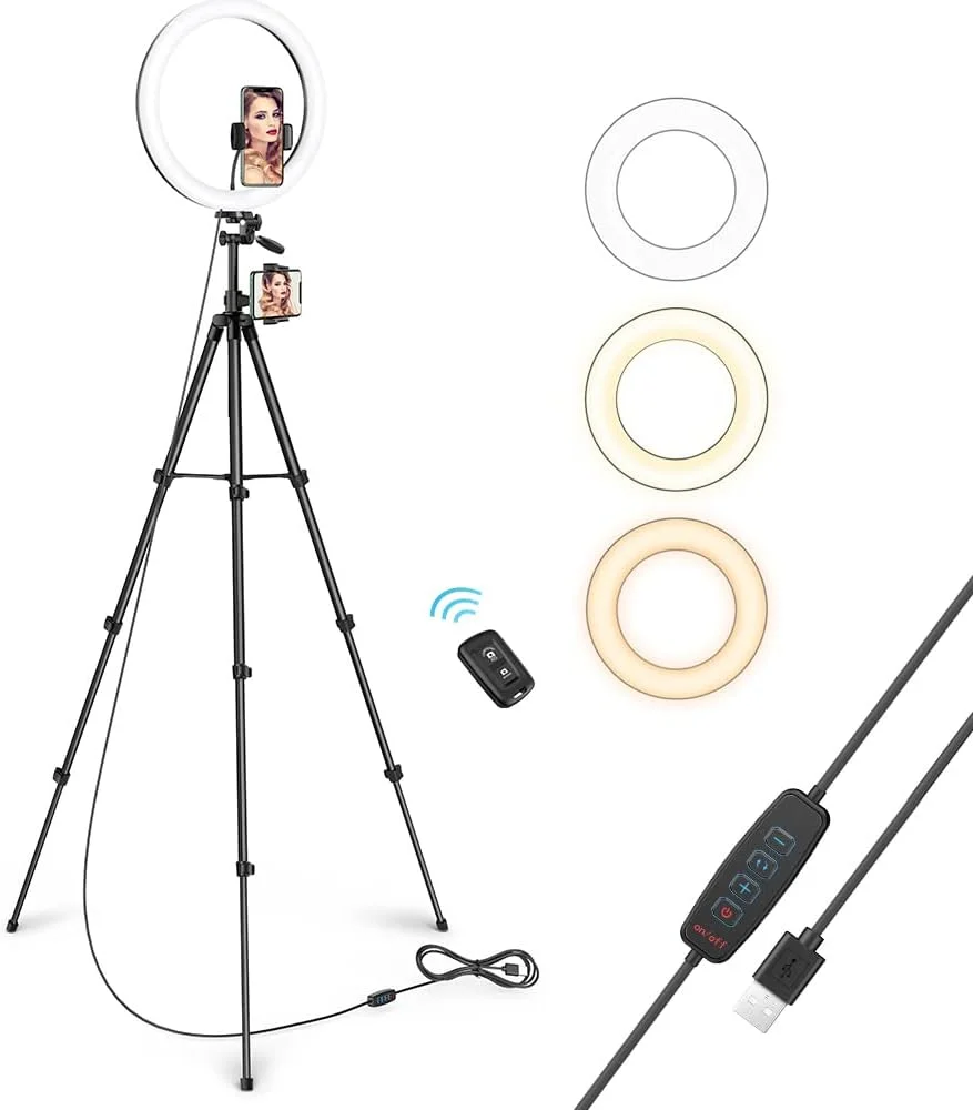 حلقه نور سلفی، حلقه نور 12 اینچی با پایه سه پایه و نگهدارنده تلفن، 3 حالت رنگی، 10 روشنایی قابل تنظیم، شاتر از راه دور بلوتوث برای عکاسی/آرایش/وبلاگ/پخش زنده/یوتیوب