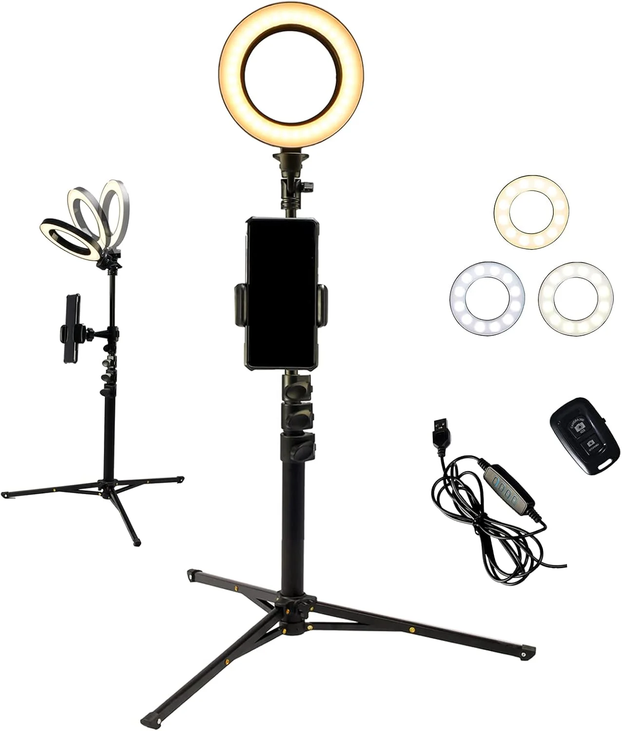 نور حلقه ای سلفی، با سه پایه قابل تنظیم و نگهدارنده تلفن همراه، مناسب برای آرایش زنده، رسانه های پخش جریانی، نور حلقه ای LED دوربین رومیزی، مناسب برای عکاسی و فیلمبرداری با دوشاخه USB