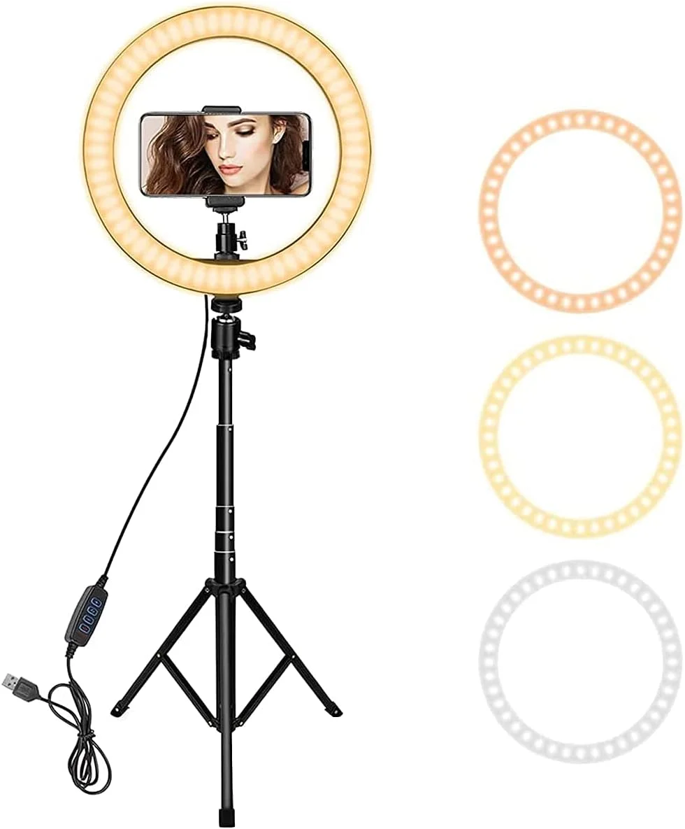حلقه نور 10 اینچی Eleadsouq با پایه سه پایه و نگهدارنده تلفن، نورپردازی حلقه سلفی LED با 3 حالت نور و روشنایی قابل تنظیم، لامپ حلقه ای برای پخش زنده، یوتیوب، آرایش، سلفی، عکاسی، تیک تاک