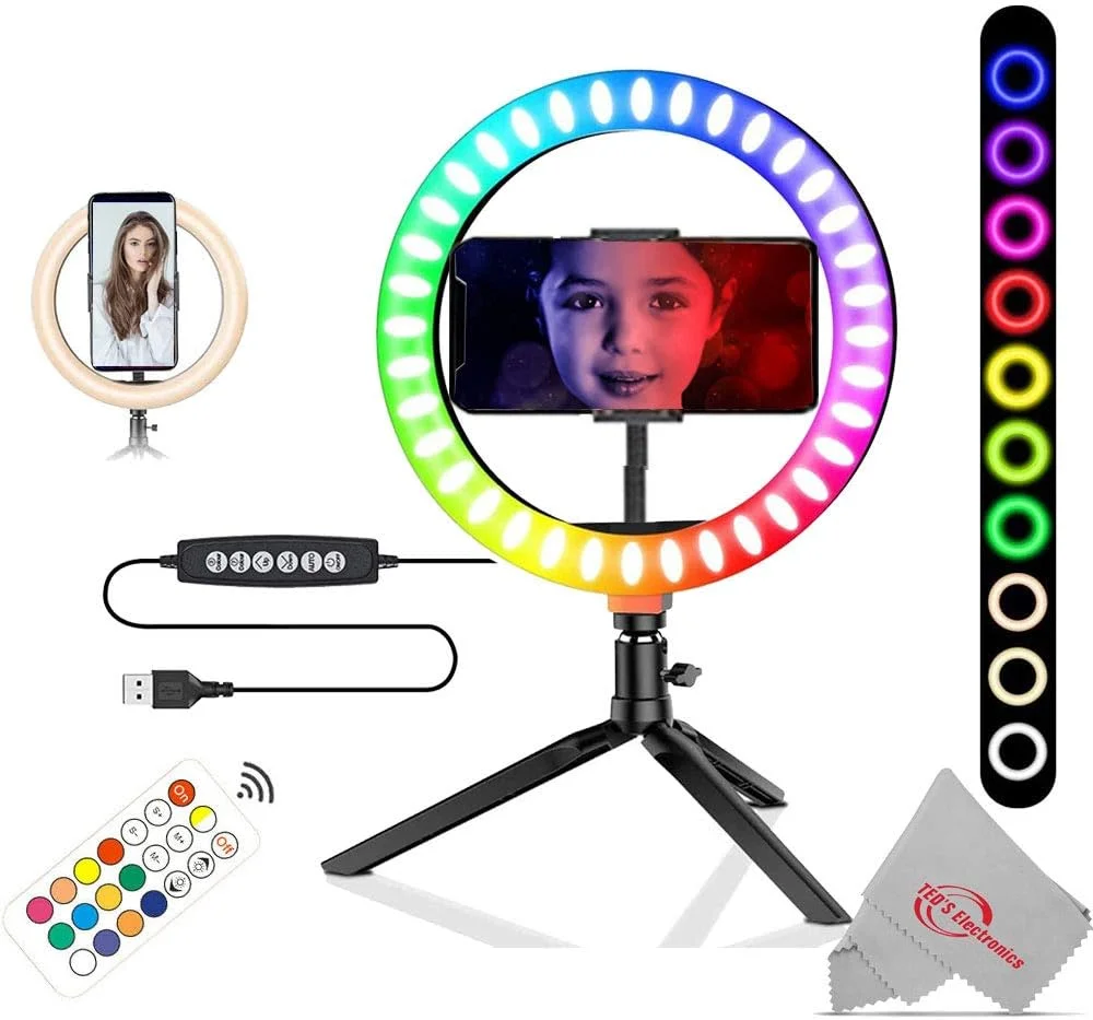نور حلقه ای ال ای دی RGB تمام رنگی 8 اینچی مناسب تولید محتوای ویدیویی با قابلیت چرخش 360 درجه به همراه هولدر موبایل، ریموت کنترل و سه پایه نور حلقه ای ال ای دی RGB تمام رنگی 8 اینچی مناسب تولید محتوای ویدیویی با قابلیت چرخش 360 درجه به همراه هولدر موبایل، ریموت کنترل و سه پایه