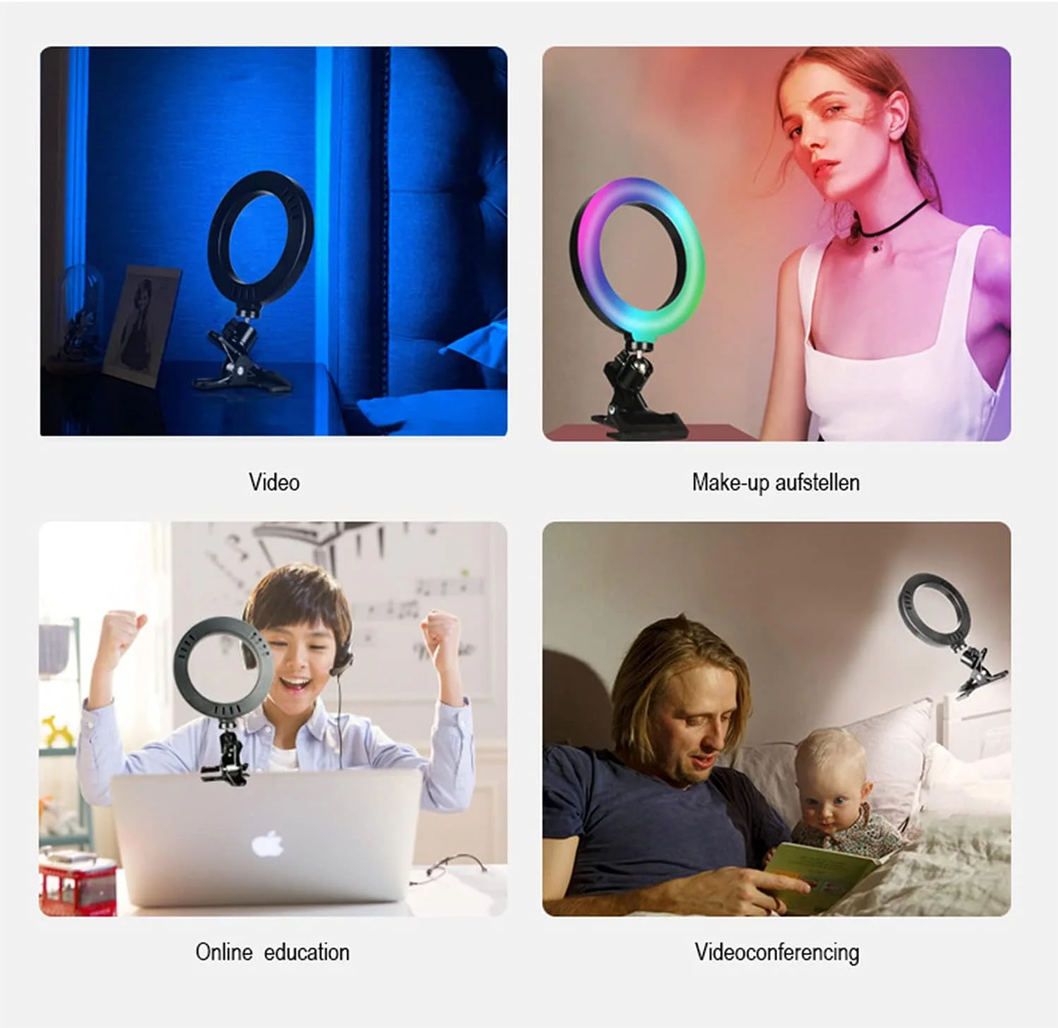 نور حلقه ای RGB مودائو 6 اینچی با گیره رومیزی، نور پرکننده برای کنفرانس ویدیویی و نور زیبایی لایو