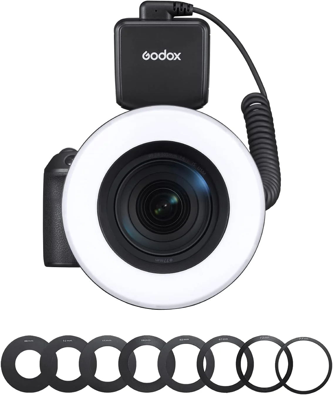 حلقه نور ال ای دی ماکرو گودکس RING72 با توان 8 وات و دمای رنگ 5600 کلوین به همراه 8 آداپتور حلقه ای، شاخص های TLCI 97+ و CRI 96+ و قابلیت تنظیم روشنایی برای دوربین های DSLR کانن و نیکون