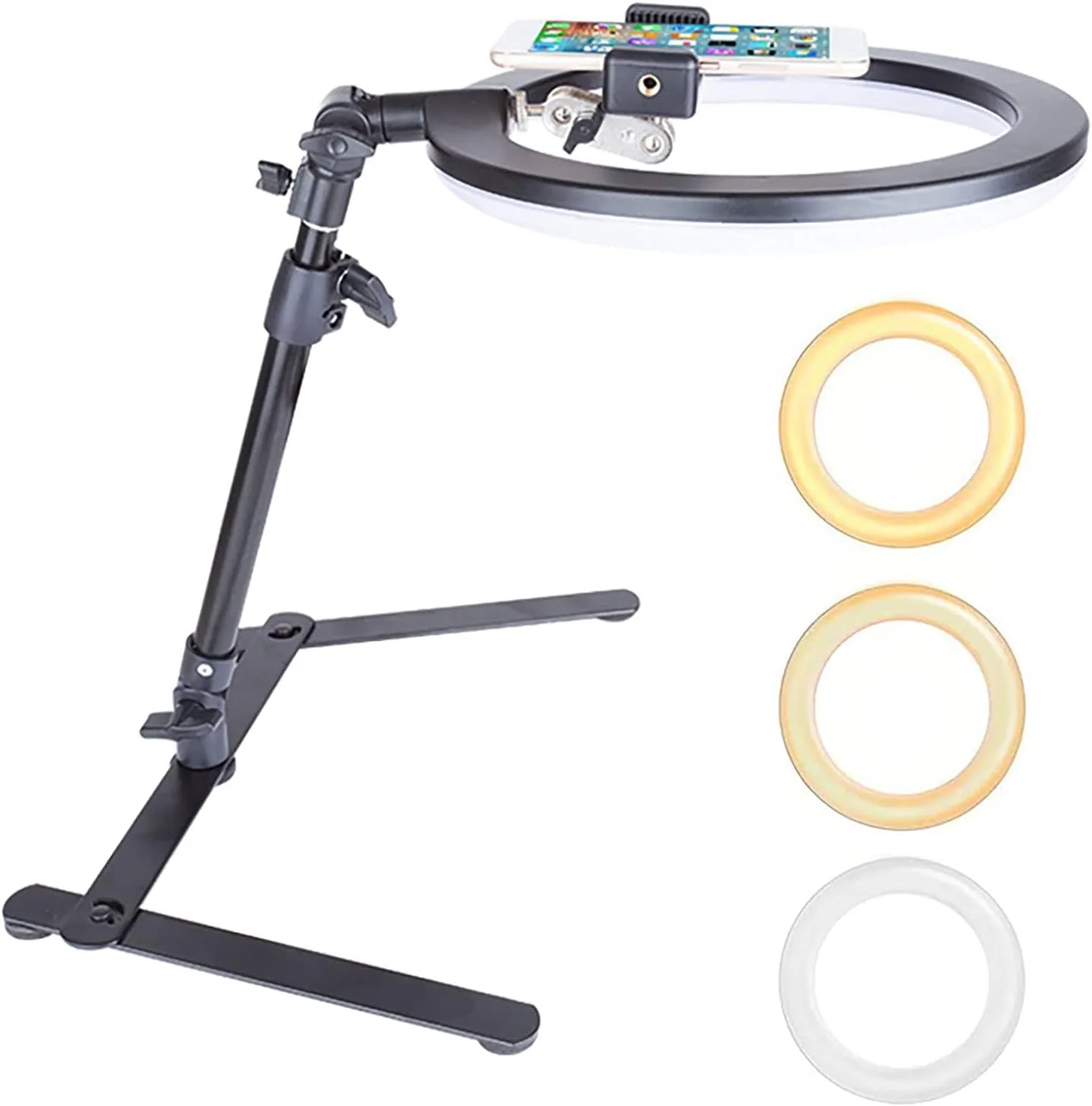 پایه نگهدارنده موبایل رومیزی 2 در 1 با نور حلقه ای LED 10 اینچی قابل تنظیم برای ضبط آشپزی، خوشنویسی، آموزش آنلاین، طراحی، هنر ناخن، جواهرات، ضبط ویدیو و پخش زنده