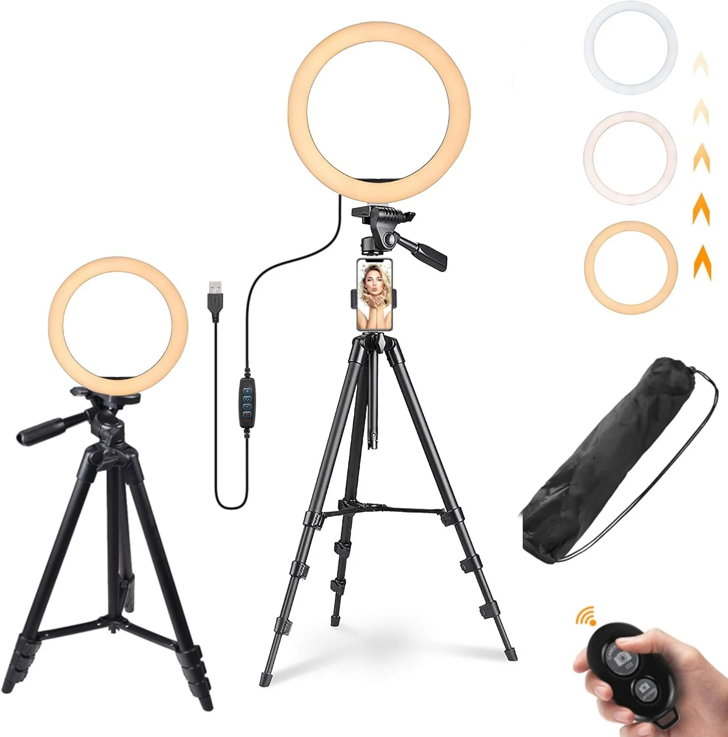 حلقه نور ال ای دی 10 اینچی با قابلیت تنظیم نور، کنترل از راه دور، به همراه پایه سه پایه، نگهدارنده تلفن و کیف حمل برای ضبط ویدیو سلفی، پخش زنده (تیک تاک، یوتیوب، اینستاگرام، فیس بوک)