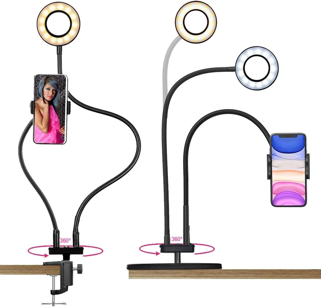 حلقه نور سلفی AGG با قطر 3.5 اینچ - به همراه پایه رومیزی و گیره C، بازوی انعطاف پذیر چرخان 360 درجه با 3 حالت نور و روشنایی قابل تنظیم - به همراه براکت نگهدارنده تلفن همراه، 33 سطح نور LED