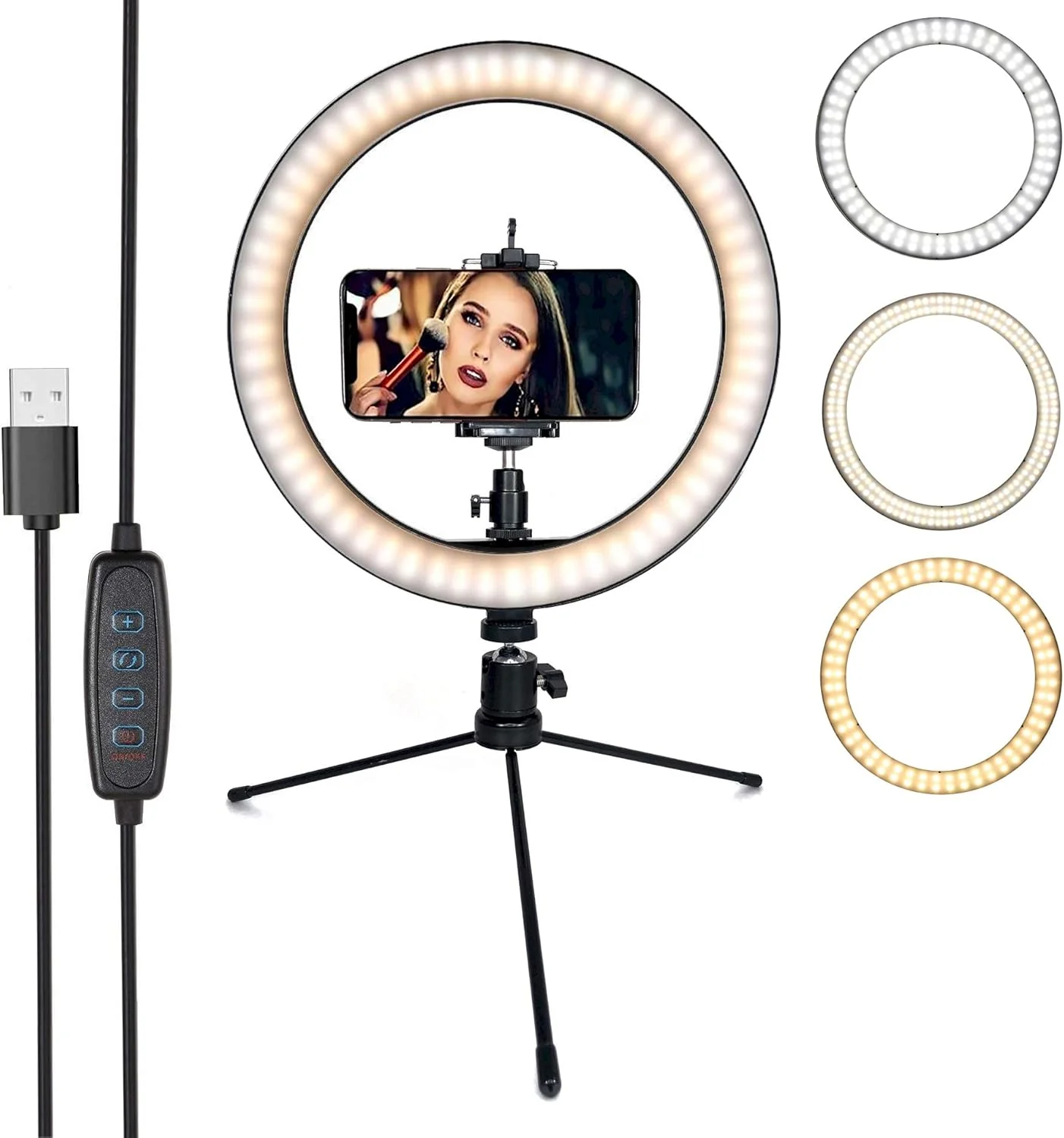 حلقه نور ال ای دی DaVoice با قطر ۱۰ اینچ به همراه پایه سه پایه و نگهدارنده تلفن همراه برای پخش زنده و ویدیوهای یوتیوب، حلقه نور رومیزی قابل تنظیم برای آرایش و عکاسی، ۳ حالت نور و ۱۰ سطح روشنایی