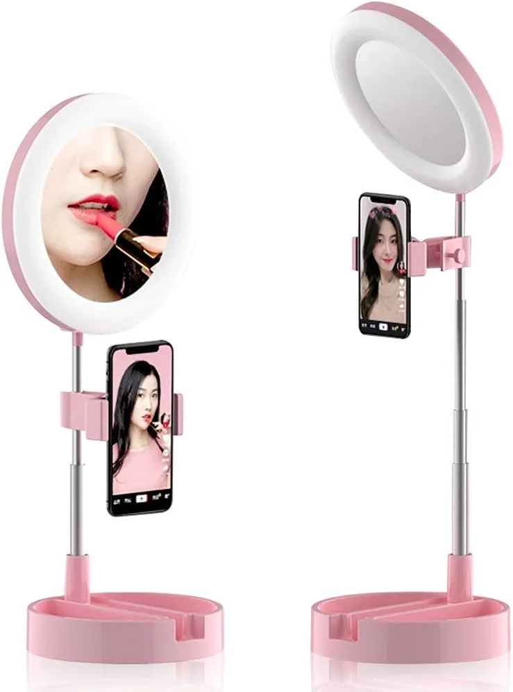 نور حلقه ای LED مدل G3 3 در 1 با قابلیت تنظیم نور، 6 اینچی، تاشو، مناسب برای سلفی، دارای آینه، مناسب برای یوتیوب، تیک تاک، پخش زنده و آرایش - سفید