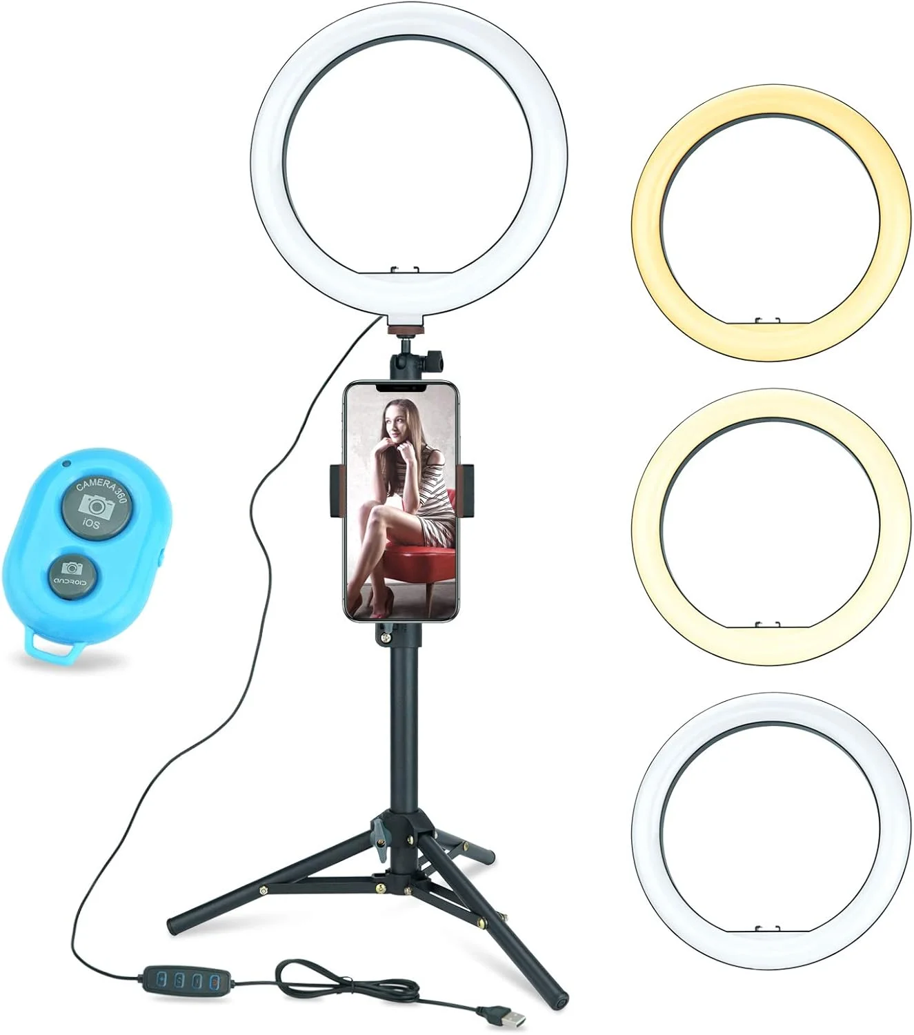 حلقه نور سلفی 10 اینچی LINCO Lincostore با پایه سه پایه و نگهدارنده تلفن همراه با ریموت بلوتوث برای پخش زنده/آرایش، حلقه نور دوربین LED قابل تنظیم برای فیلمبرداری/عکس با تلفن همراه AM275