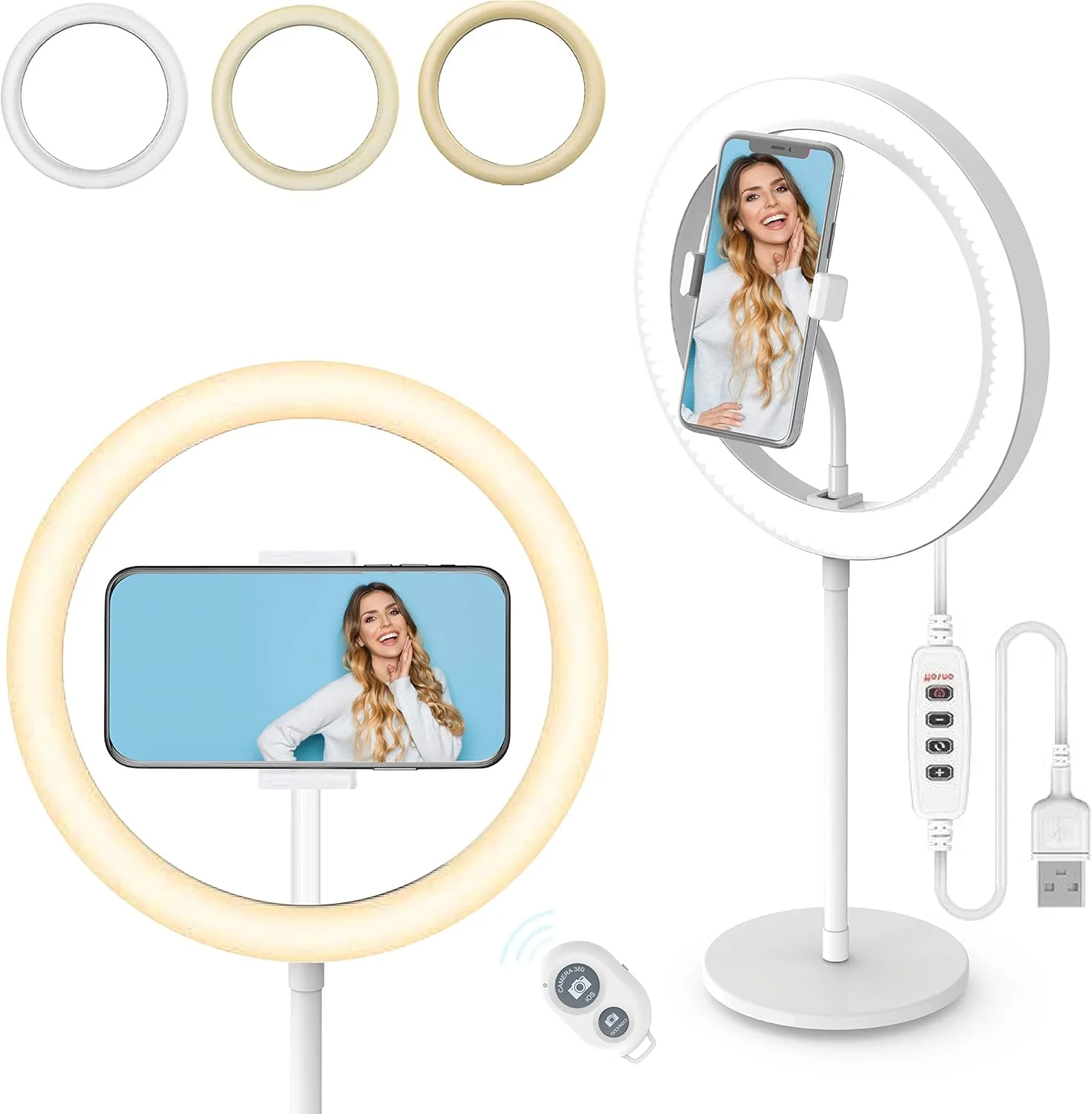 حلقه نور سلفی LED فونیکس 10 اینچی با پایه سه پایه و نگهدارنده تلفن برای پخش زنده و ویدیوهای یوتیوب، حلقه نور آرایشی رومیزی قابل تنظیم برای عکاسی، 3 حالت نور برای فیلمبرداری رومیزی