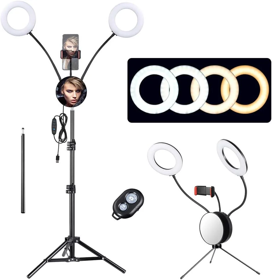 نور حلقه ای دوتایی LED هفت اینچی با قابلیت تنظیم نور به همراه پایه سه پایه، آینه و نگهدارنده تلفن برای آرایش، سلفی و ولاگ، دارای 6 سطح روشنایی و 3 حالت نور