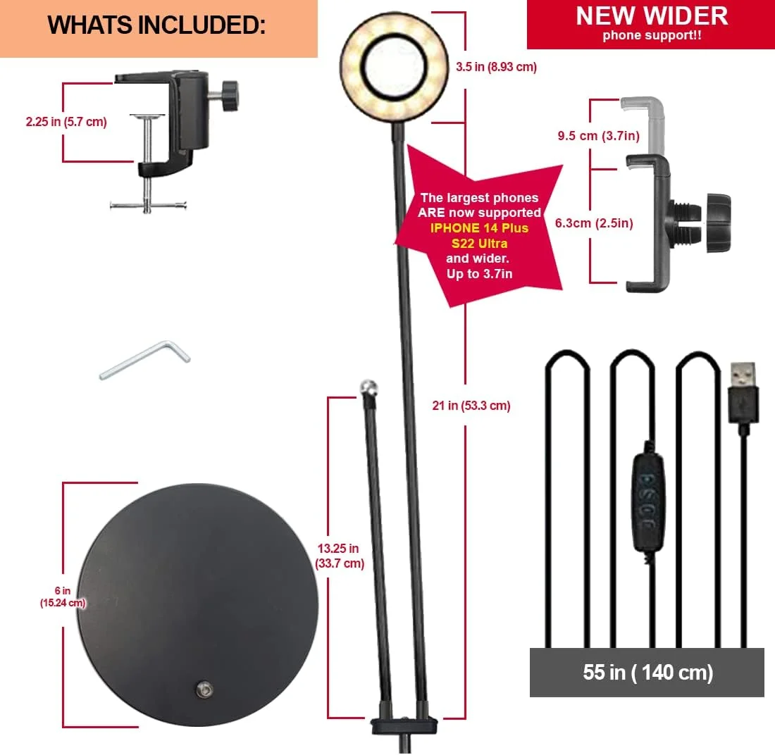 حلقه نور سلفی AGG با قطر 3.5 اینچ - به همراه پایه رومیزی و گیره C، بازوی انعطاف پذیر چرخان 360 درجه با 3 حالت نور و روشنایی قابل تنظیم - به همراه براکت نگهدارنده تلفن همراه، 33 سطح نور LED حلقه نور سلفی AGG با قطر 3.5 اینچ - به همراه پایه رومیزی و گیره C، بازوی انعطاف پذیر چرخان 360 درجه با 3 حالت نور و روشنایی قابل تنظیم - به همراه براکت نگهدارنده تلفن همراه، 33 سطح نور LED