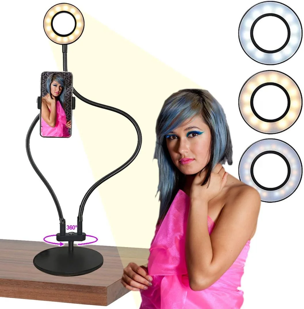 حلقه نور سلفی AGG با قطر 3.5 اینچ - به همراه پایه رومیزی و گیره C، بازوی انعطاف پذیر چرخان 360 درجه با 3 حالت نور و روشنایی قابل تنظیم - به همراه براکت نگهدارنده تلفن همراه، 33 سطح نور LED حلقه نور سلفی AGG با قطر 3.5 اینچ - به همراه پایه رومیزی و گیره C، بازوی انعطاف پذیر چرخان 360 درجه با 3 حالت نور و روشنایی قابل تنظیم - به همراه براکت نگهدارنده تلفن همراه، 33 سطح نور LED